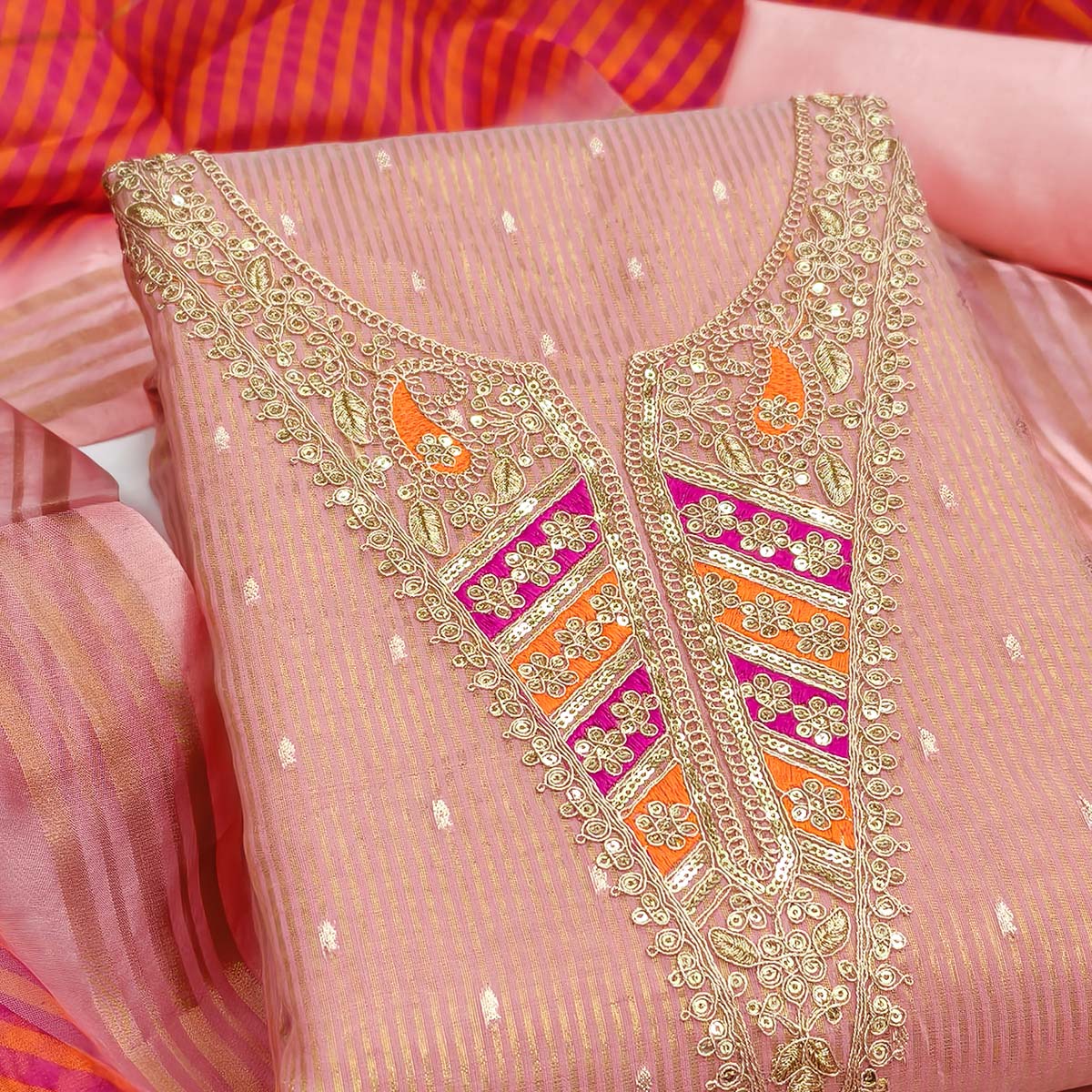 Premium Pink Shimmer Dress Material With Detailed Butti Weaving & Cording Embroidery - Image 2