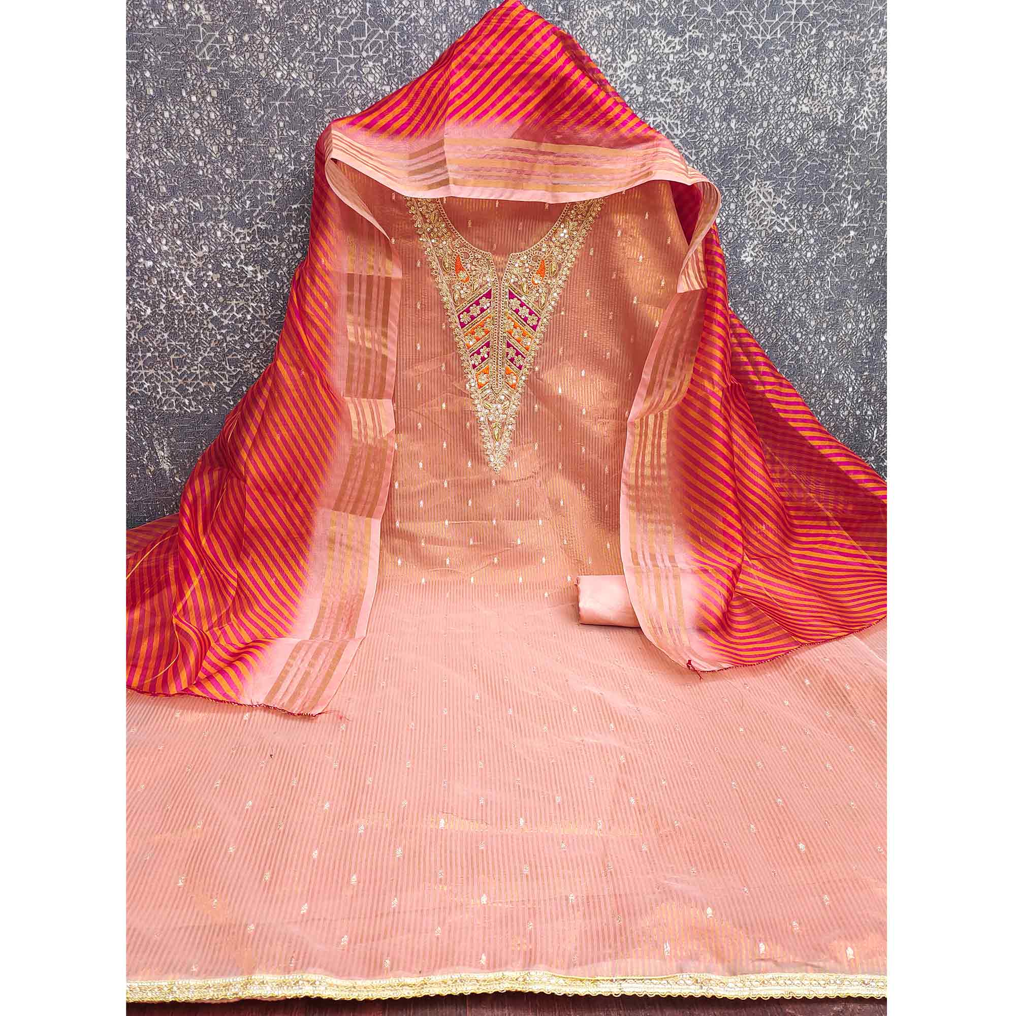 Premium Pink Shimmer Dress Material With Detailed Butti Weaving & Cording Embroidery - Image 4