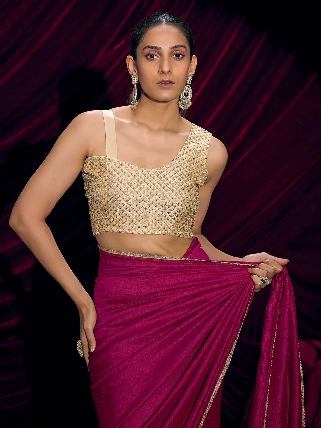 Premium Pink Solid Art Silk Saree with Designer Cream Embroidered Blouse - Image 4