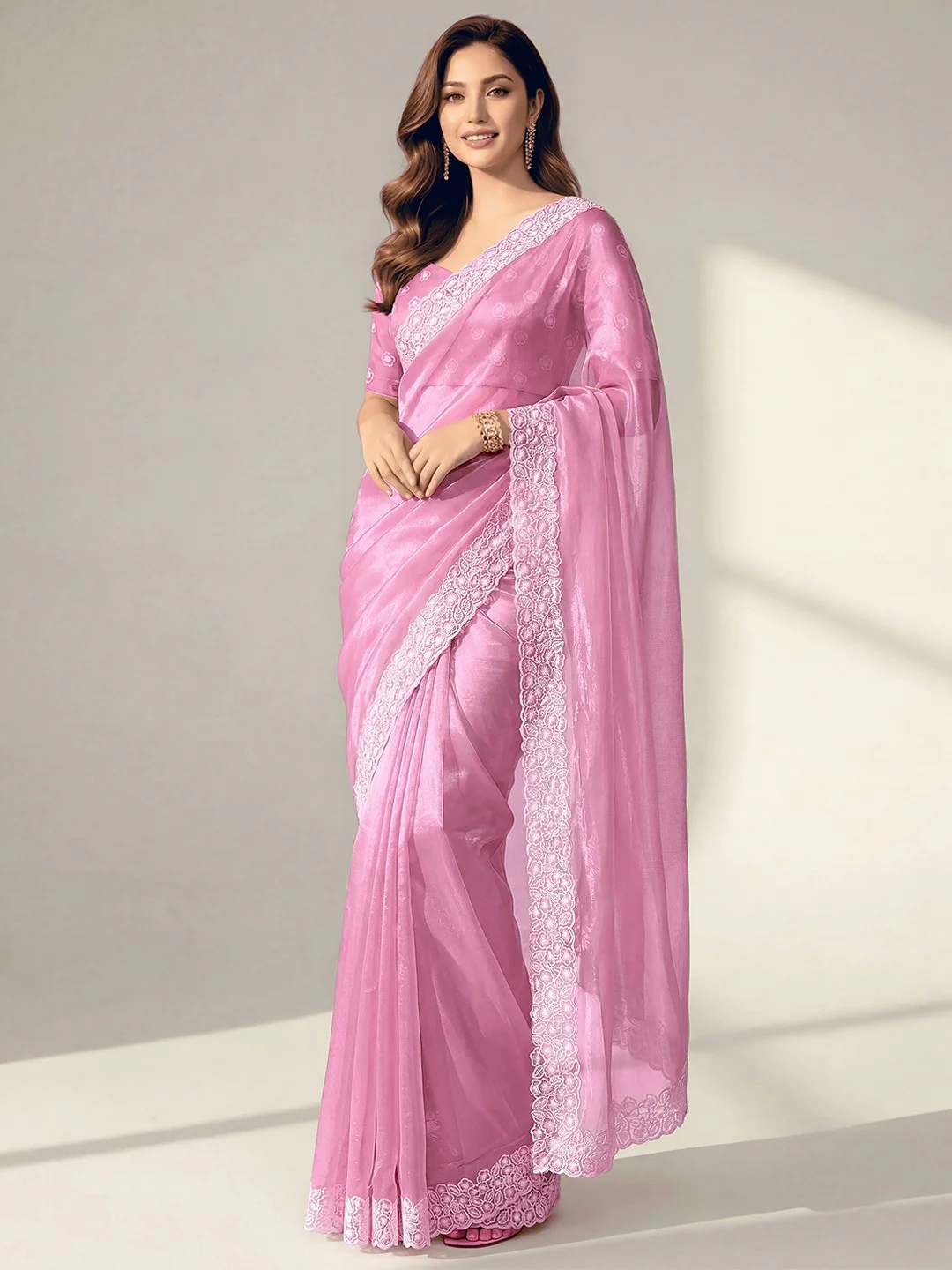 Premium Pink Solid Twill Net Saree Accentuated With Floral Embroidered Border Detailing