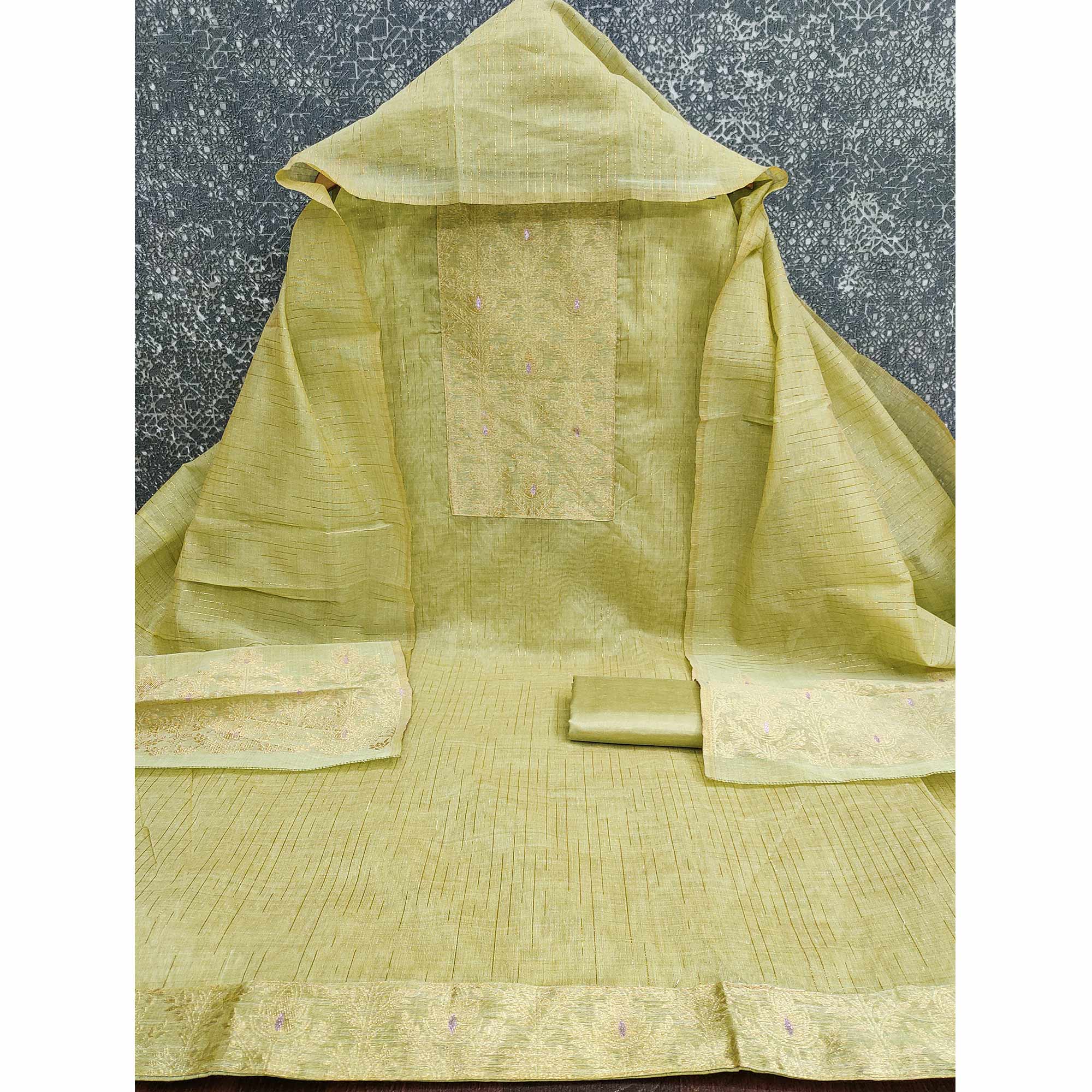 Premium Pista Green Floral Weaving Crafted Cotton Silk Jacquard Dress Material - Image 4