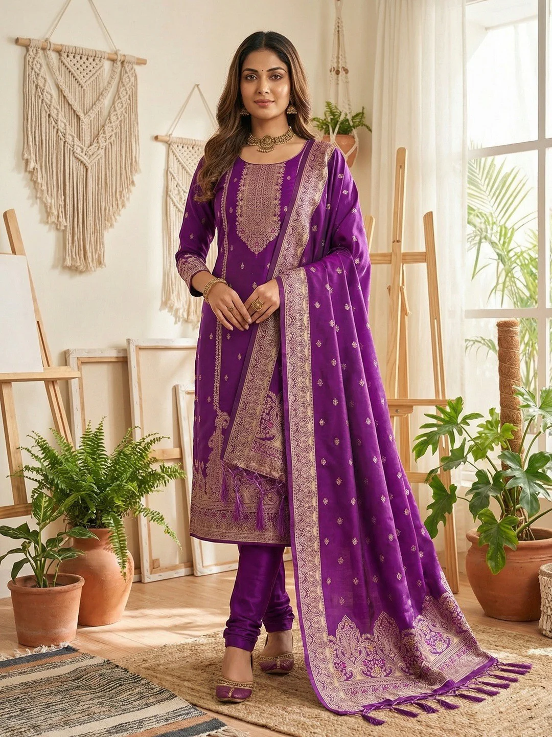 Premium Purple Banarasi Silk Dress Material With Opulent Floral & Paisley Motif Zari Weaving