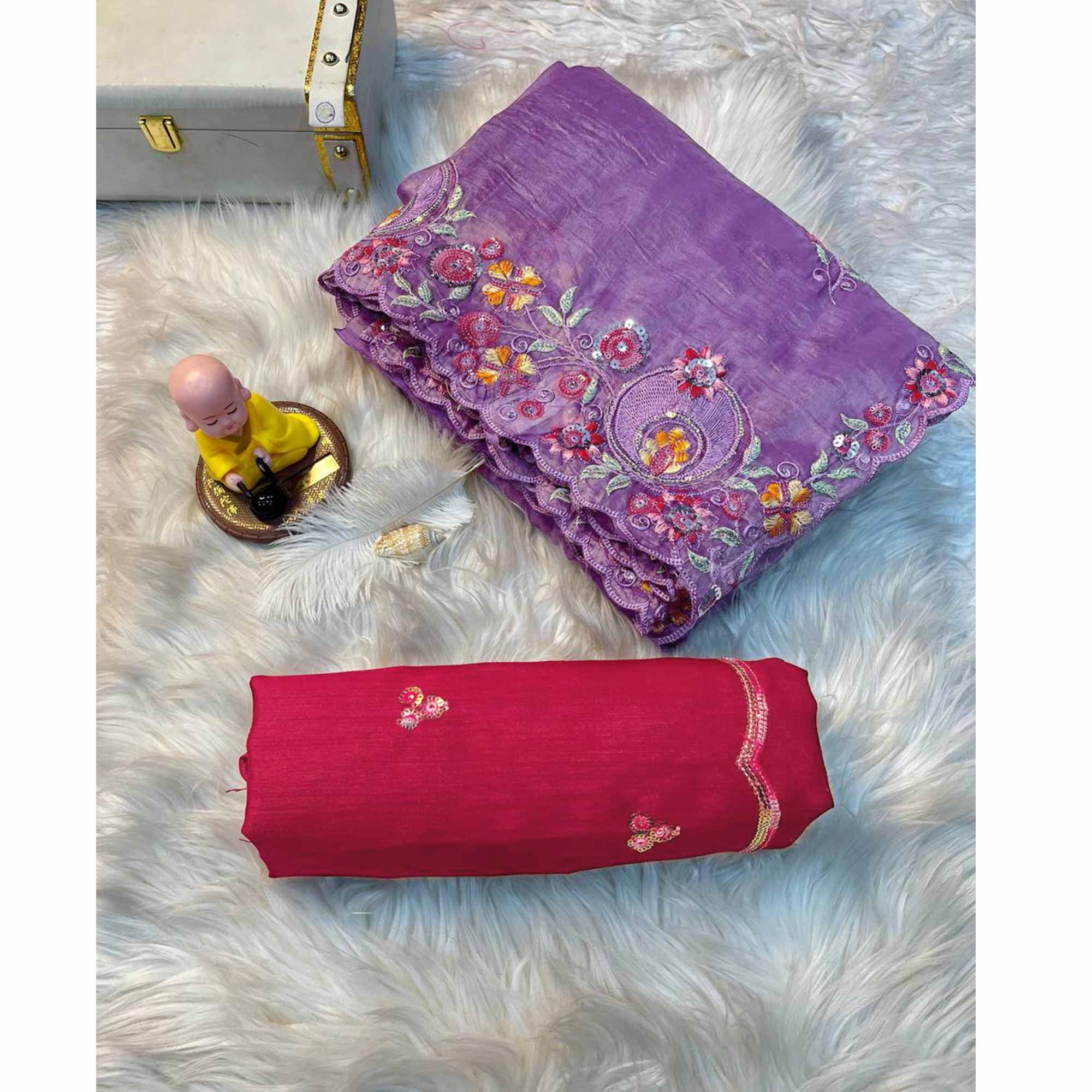 Premium Purple Crush Satin Saree with Beautiful Floral Embroidery - Image 3