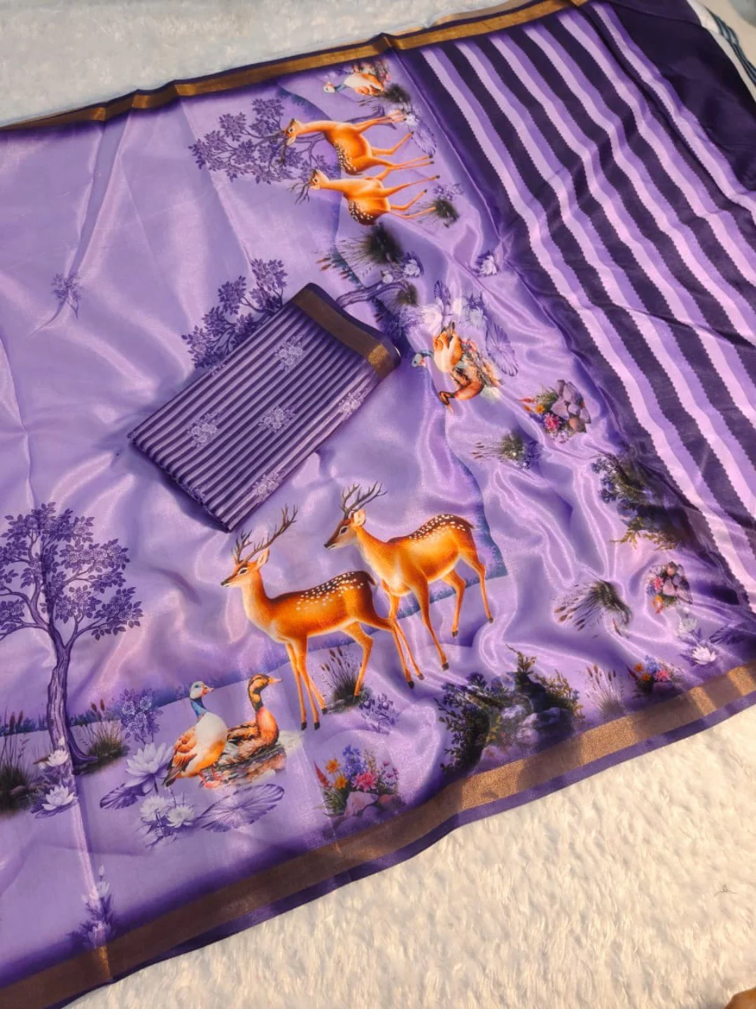 Premium Purple Digital Deer Motif Printed Mulmul Cotton Saree With Delicate Zari Border - Image 2