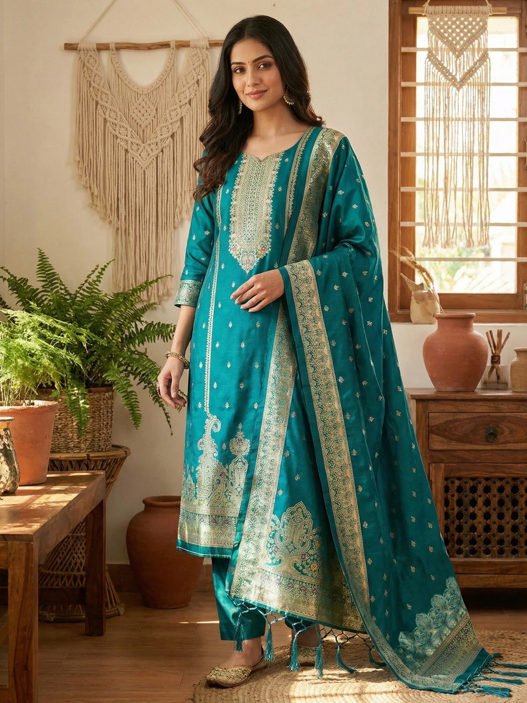 Premium Rama Blue Banarasi Silk Dress Material With Opulent Floral & Paisley Motif Zari Weaving
