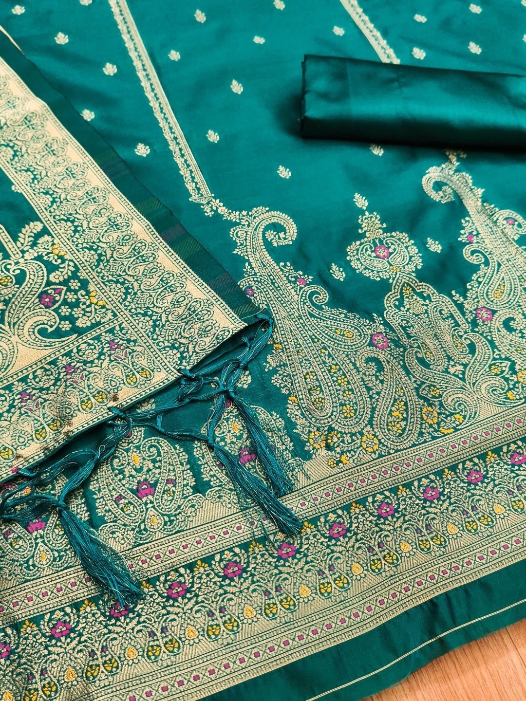 Premium Rama Blue Banarasi Silk Dress Material With Opulent Floral & Paisley Motif Zari Weaving - Image 2