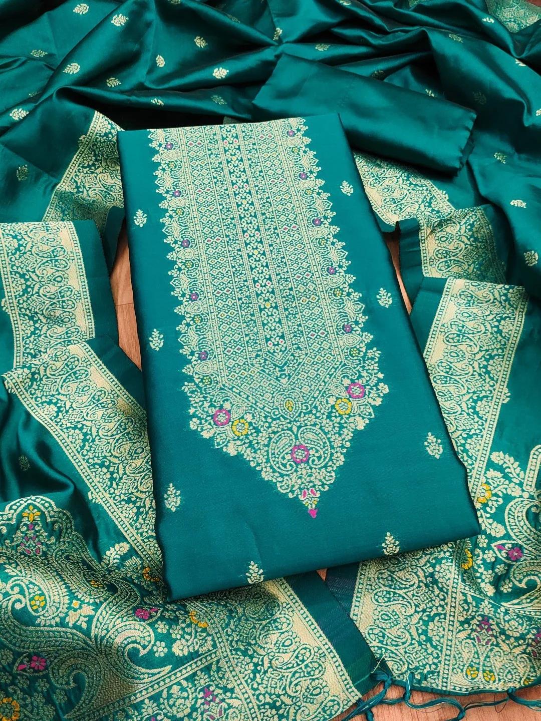 Premium Rama Blue Banarasi Silk Dress Material With Opulent Floral & Paisley Motif Zari Weaving - Image 4