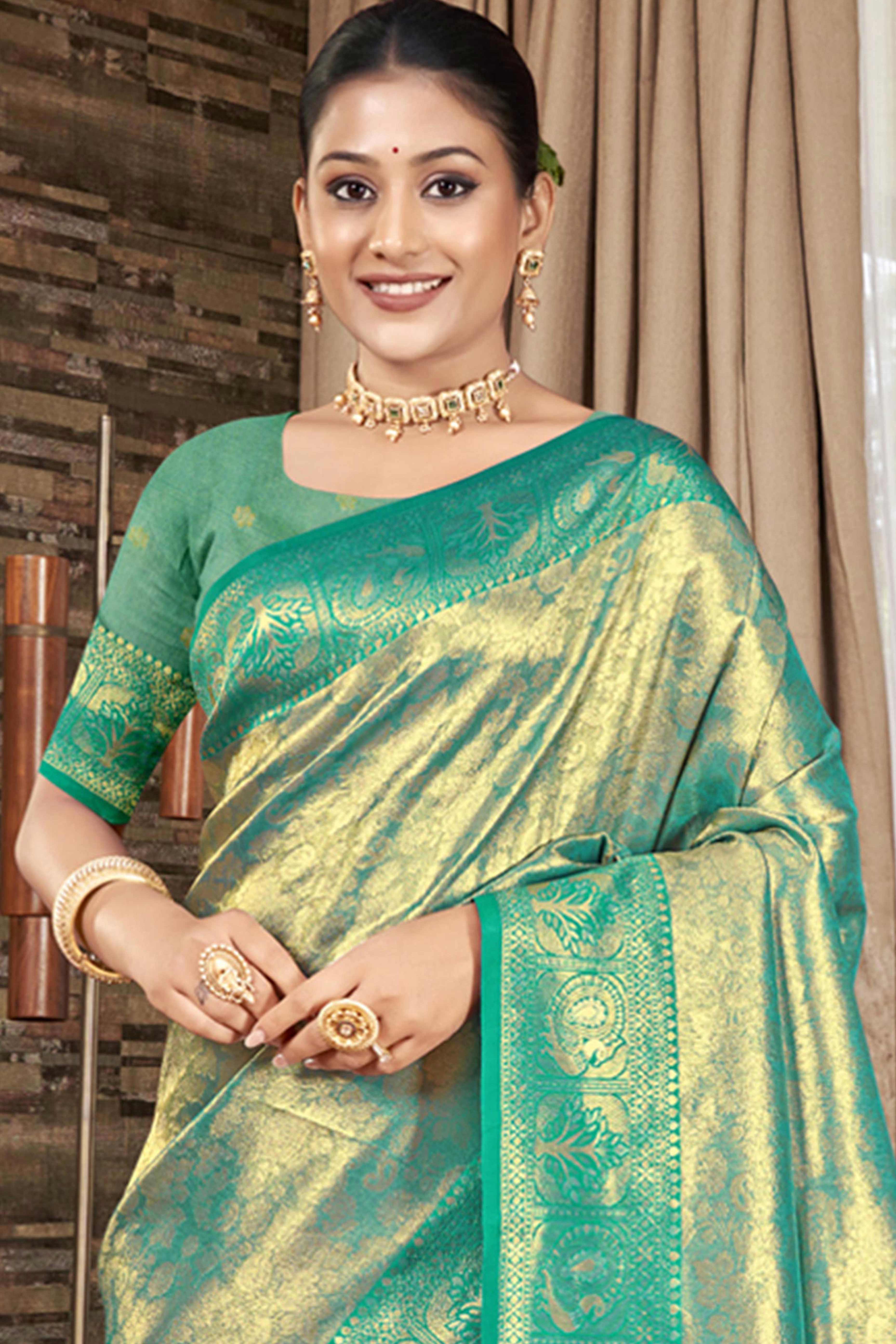 Premium Rama Green Floral and Peacock Motif Woven Kanjivaram Silk Saree With Tassel Pallu - Image 4