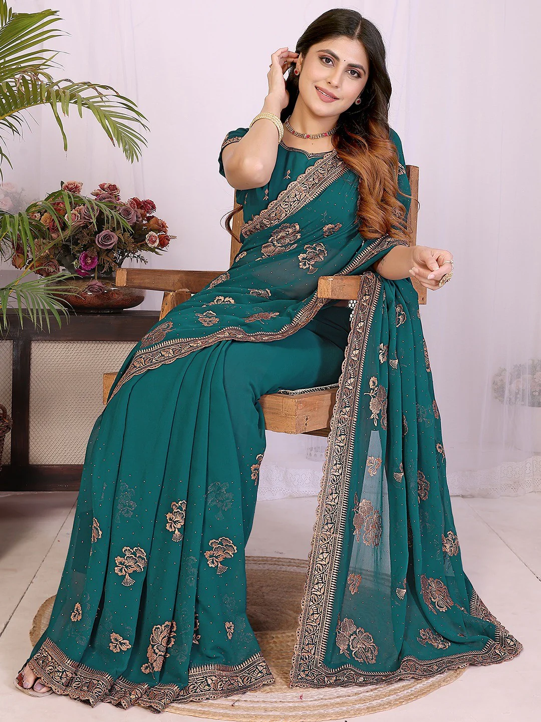 Premium Rama Green Floral Zari Embroidered Star Georgette Saree With Sparkling Swarovski Work - Image 5