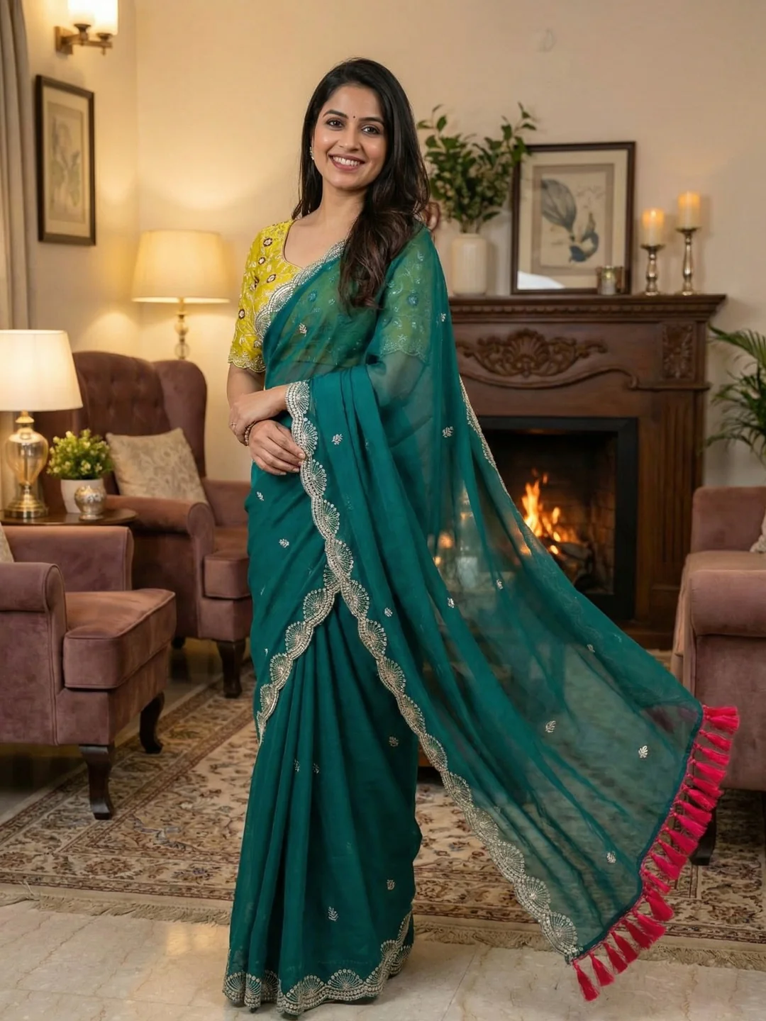 Premium Rama Green Georgette Saree With Rich Sequins Embroidery & Designer Tassel Pallu