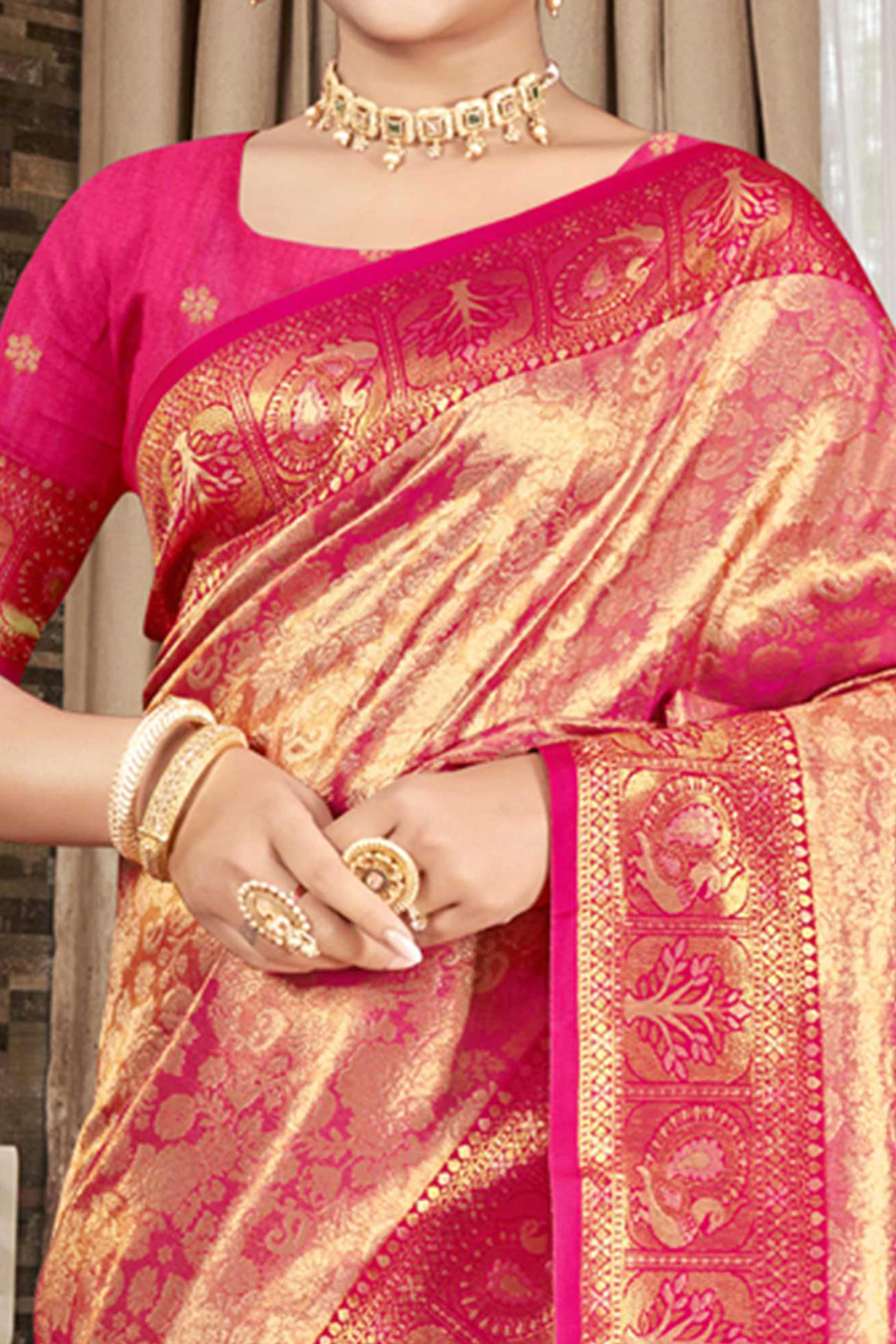Premium Rani Pink Floral and Peacock Motif Woven Kanjivaram Silk Saree With Tassel Pallu - Image 2