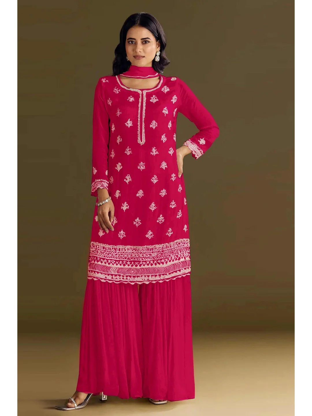 Premium Rani Pink Floral Embroidery With Sequins Work Chinon Semi Stitched Salwar Suit