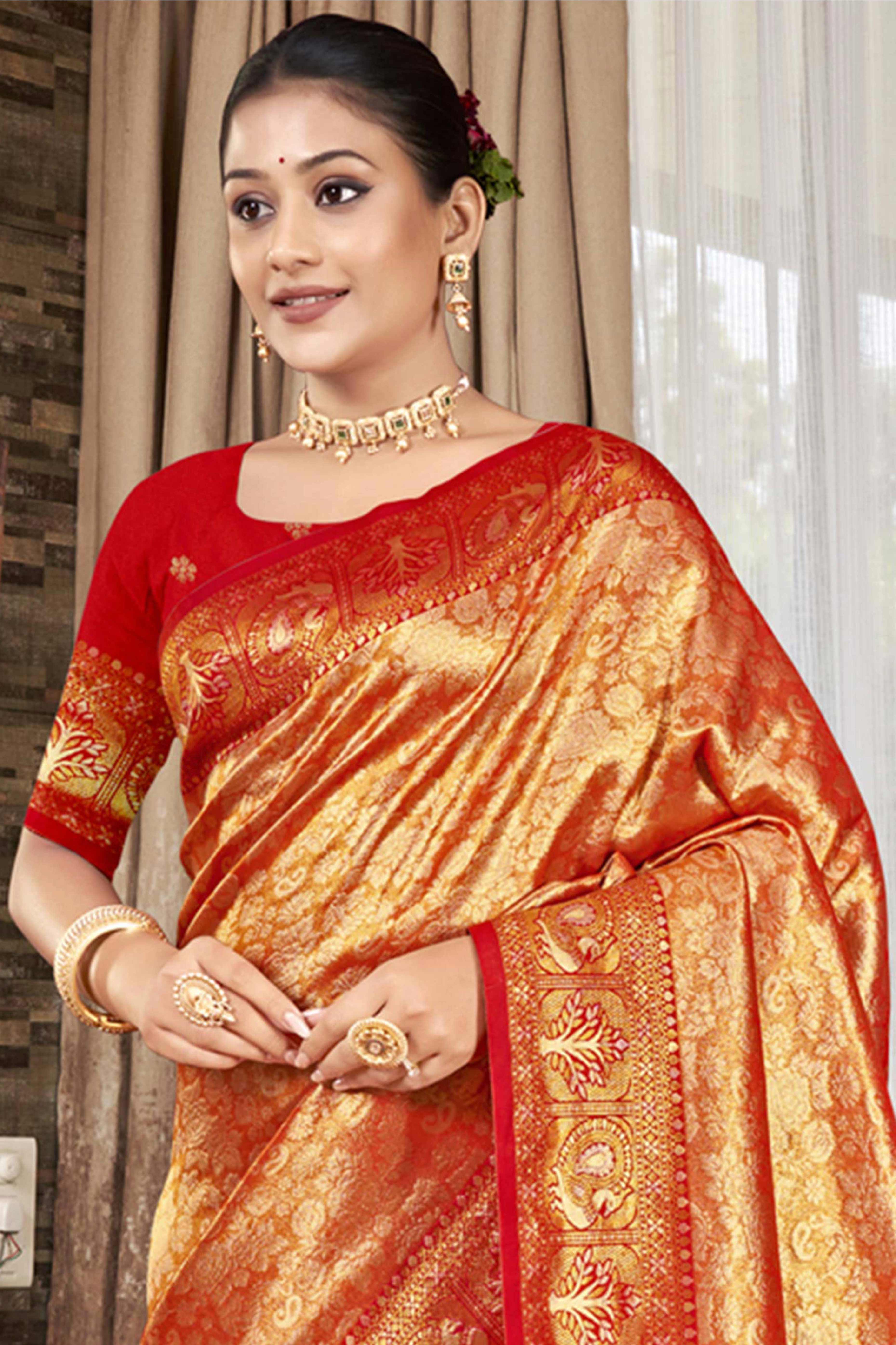 Premium Red Floral and Peacock Motif Woven Kanjivaram Silk Saree With Tassel Pallu - Image 3
