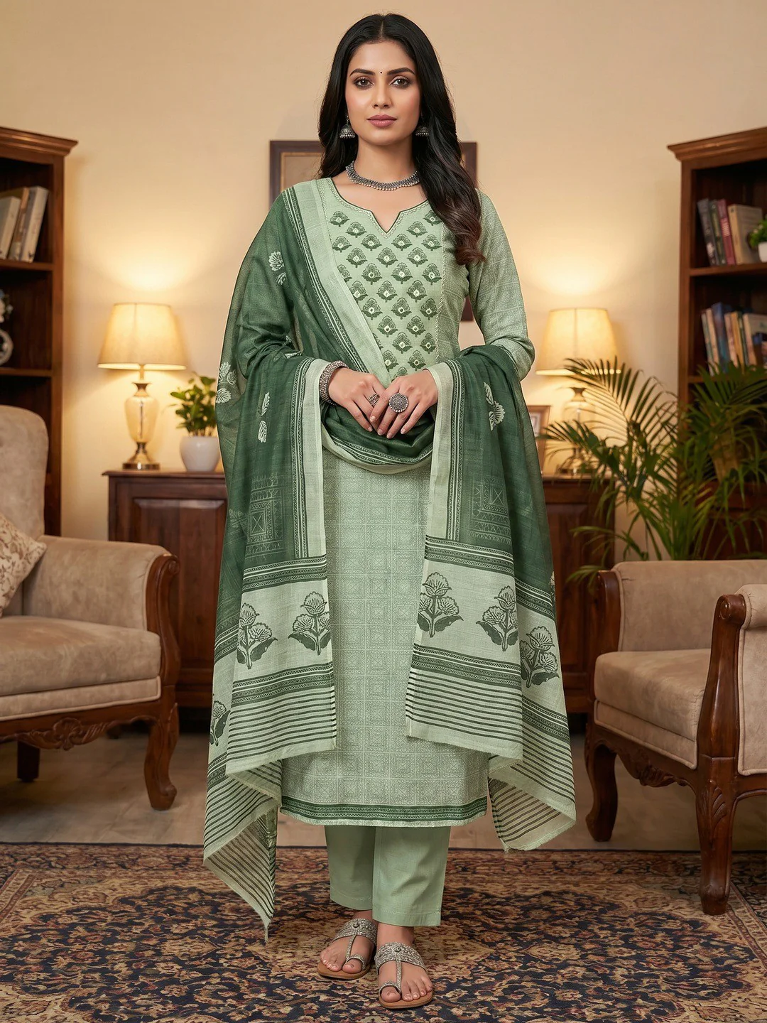 Premium Sage Green Floral Digital Print Linen Cotton Dress Material With Mirror Embroidery Work