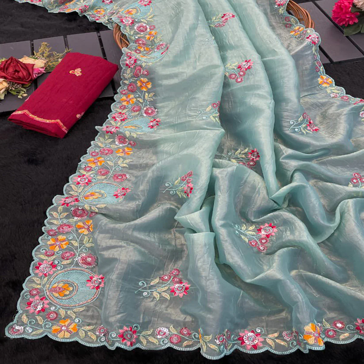 Premium Sea Green Crush Satin Saree with Beautiful Floral Embroidery - Image 2