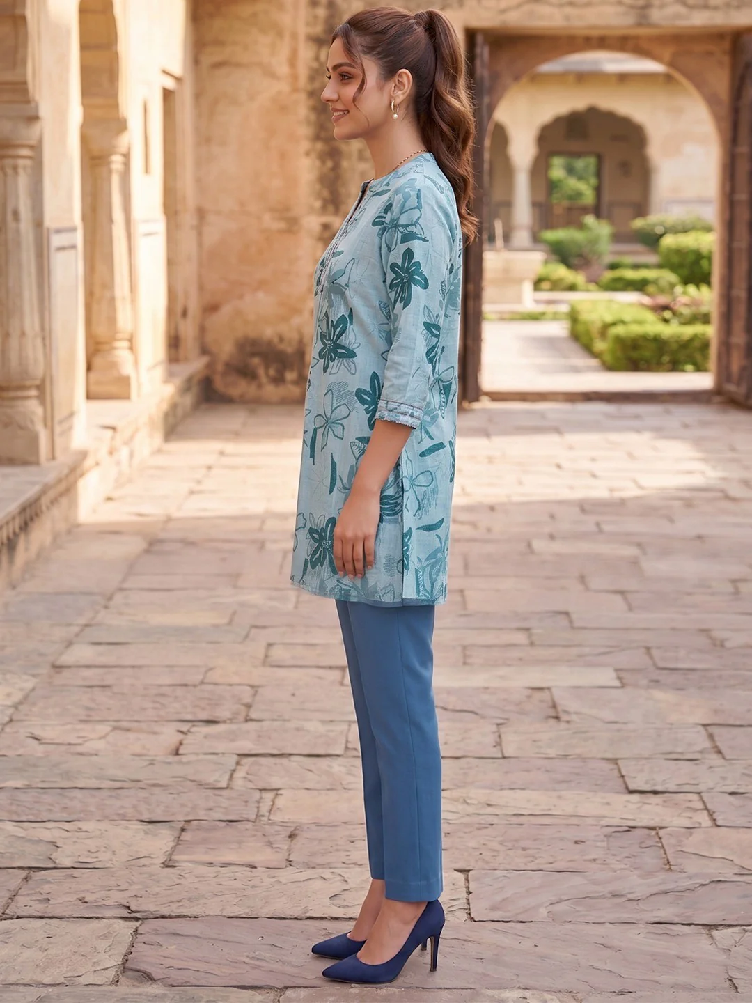 Premium Sea Green Rayon Top with Floral Design Elegant Casual Look - Image 3