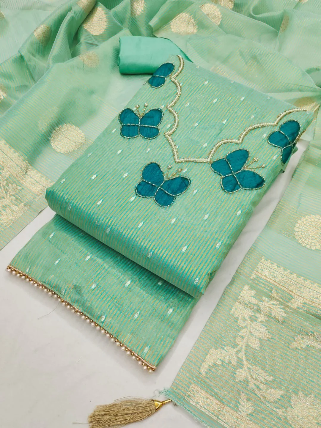 Premium Sea Green Striped Weaving Silk Blend Dress Material Enhanced with Beads & Moti Hand Work - Image 4