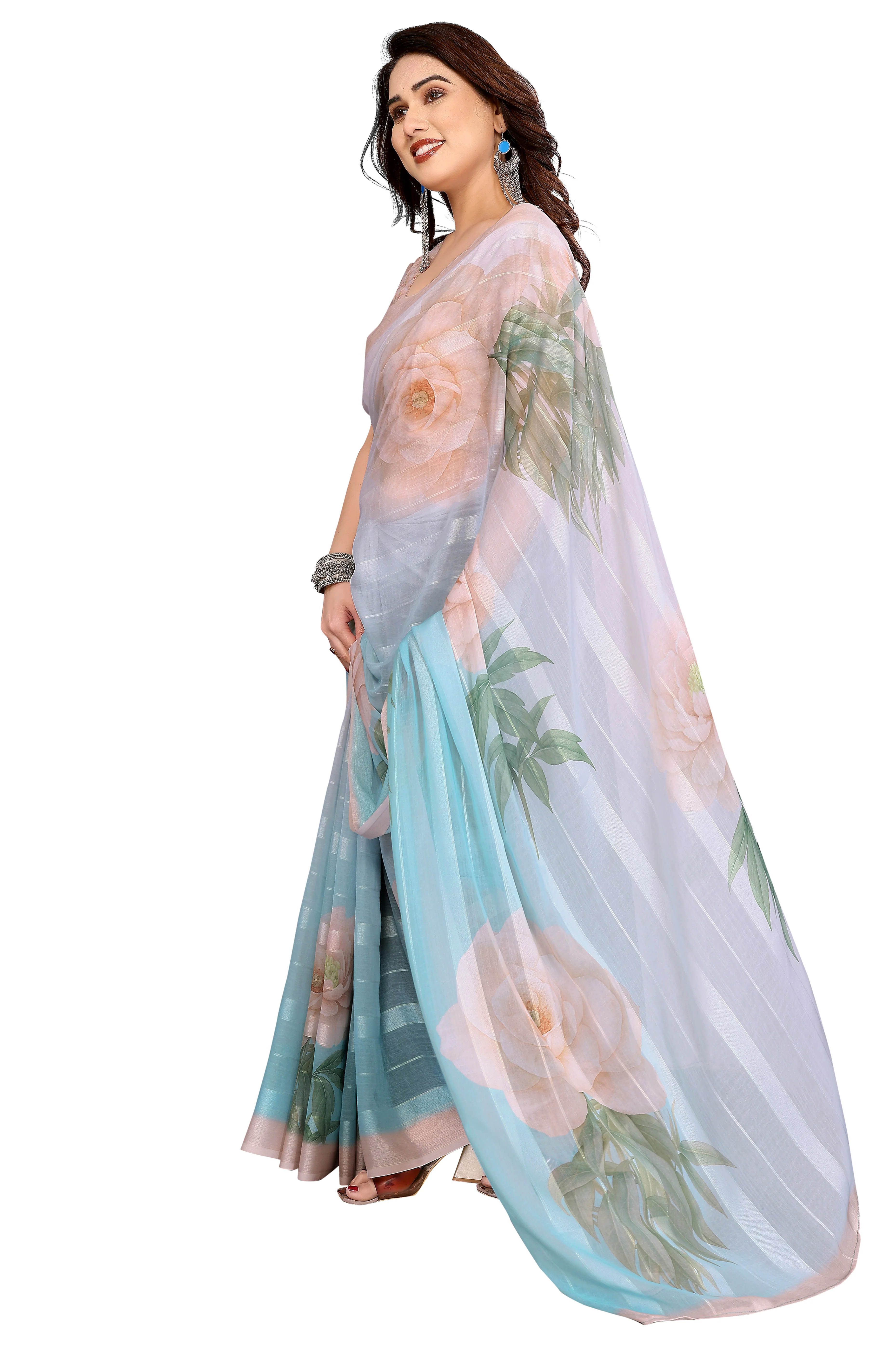 Premium Sky Blue & Grey Floral Digital Printed Georgette Saree With Delicate Zari & Bright Striped - Image 4