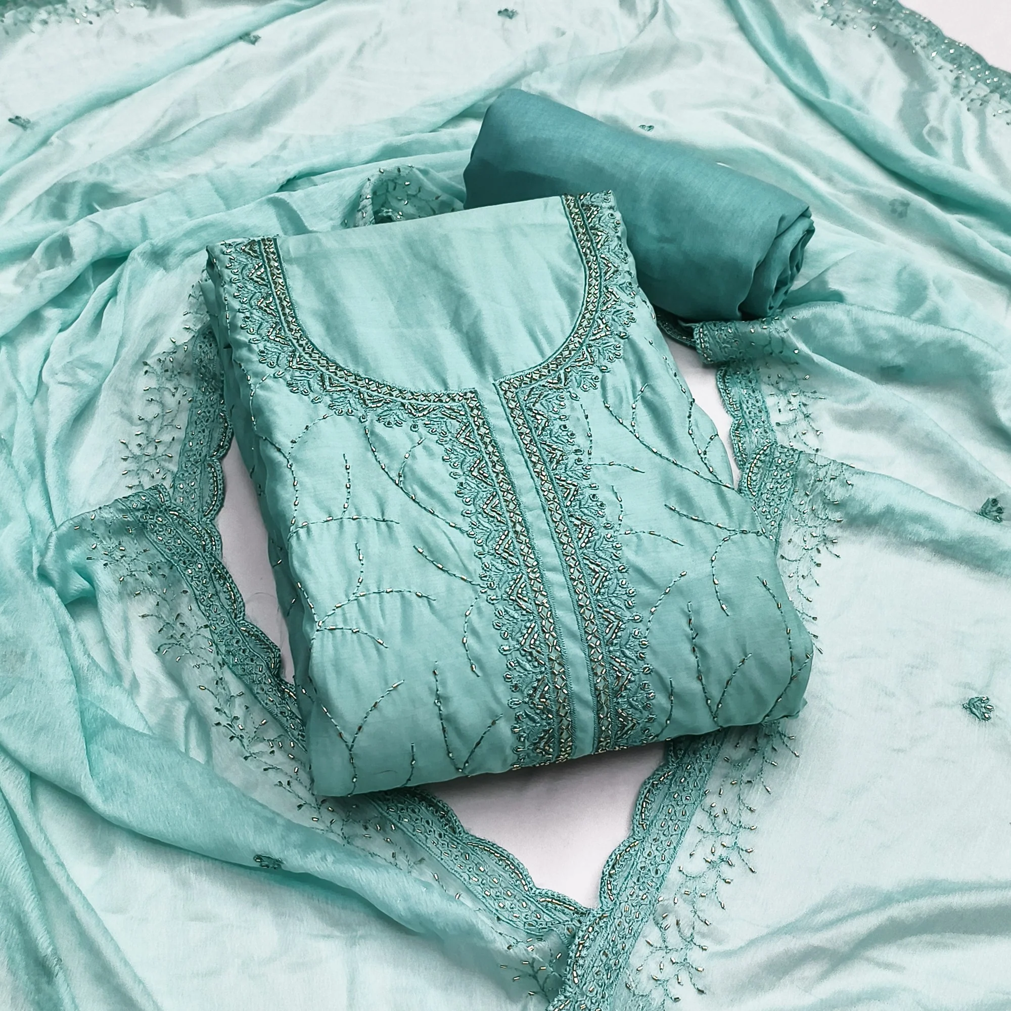Premium Turquoise Cotton Silk Dress Material Enhanced With Delicate Thread Embroidery & Handwork - Image 3