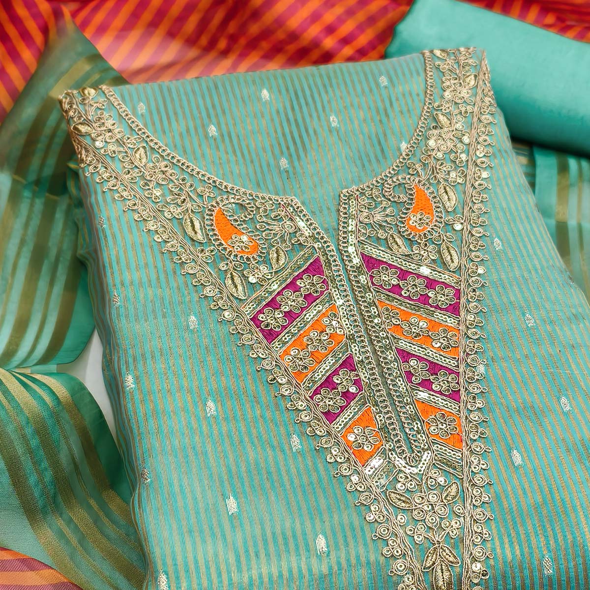 Premium Turquoise Shimmer Dress Material With Detailed Butti Weaving & Cording Embroidery - Image 2
