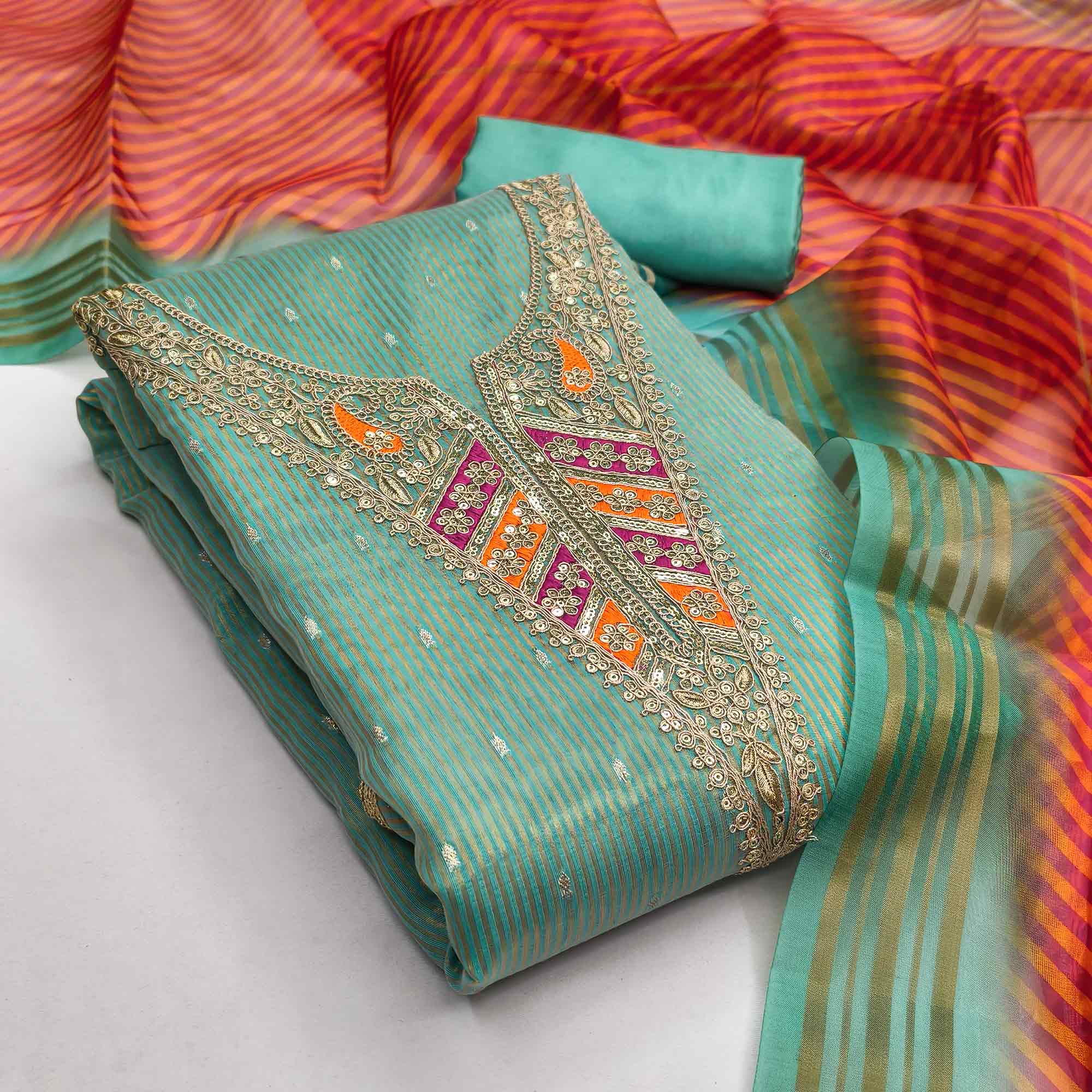 Premium Turquoise Shimmer Dress Material With Detailed Butti Weaving & Cording Embroidery - Image 3