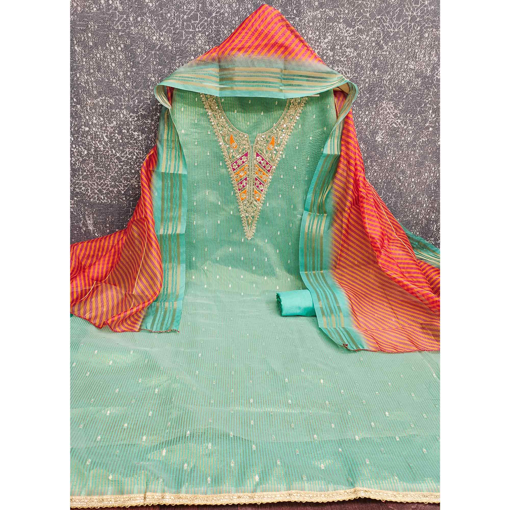 Premium Turquoise Shimmer Dress Material With Detailed Butti Weaving & Cording Embroidery - Image 4