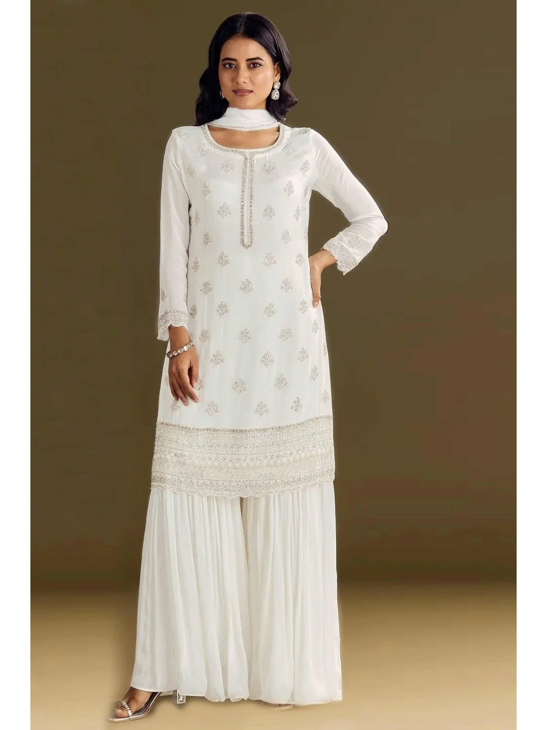 Premium White Floral Embroidery With Sequins Work Chinon Semi Stitched Salwar Suit