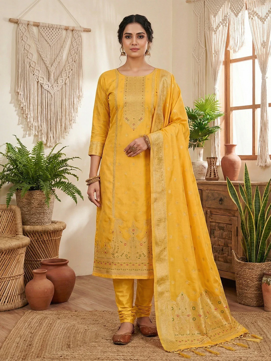 Premium Yellow Banarasi Silk Dress Material With Opulent Floral & Paisley Motif Zari Weaving