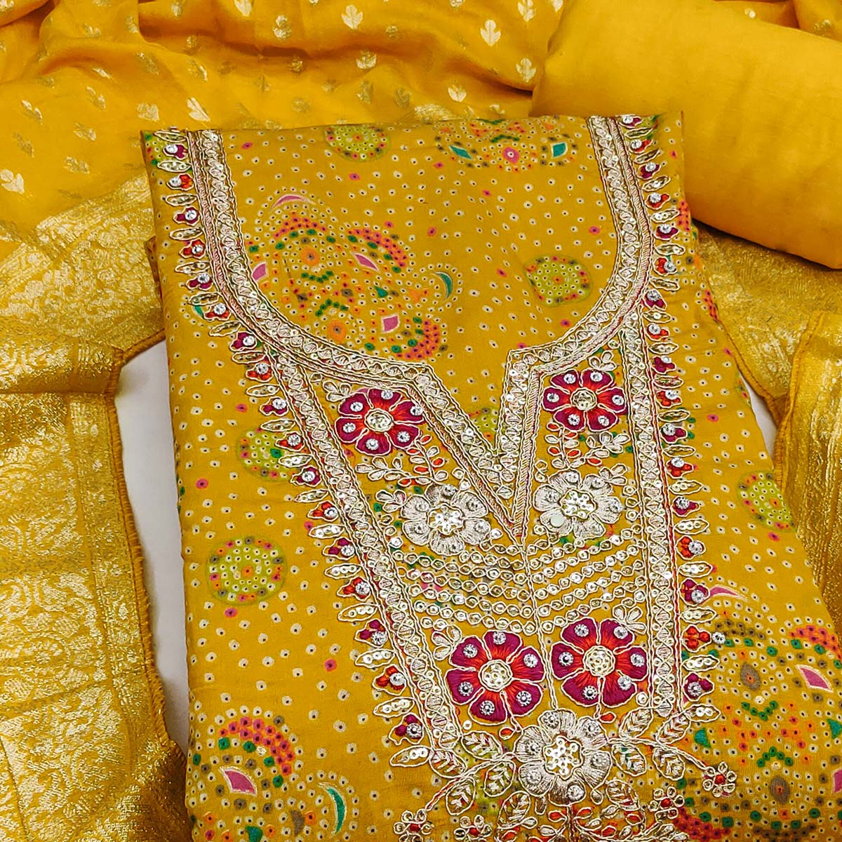Premium Yellow Bandhani Print Cotton Silk Dress Material Featuring Floral Cording Embroidery Work - Image 2
