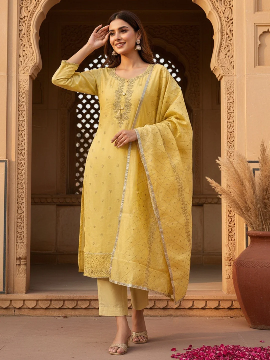 Premium Yellow Floral Embroidery With Zari Work Chanderi Silk Dress Material