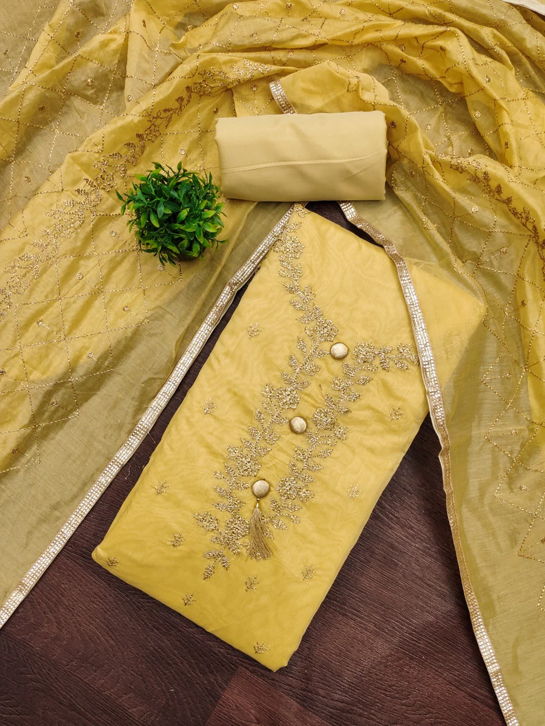 Premium Yellow Floral Embroidery With Zari Work Chanderi Silk Dress Material - Image 4