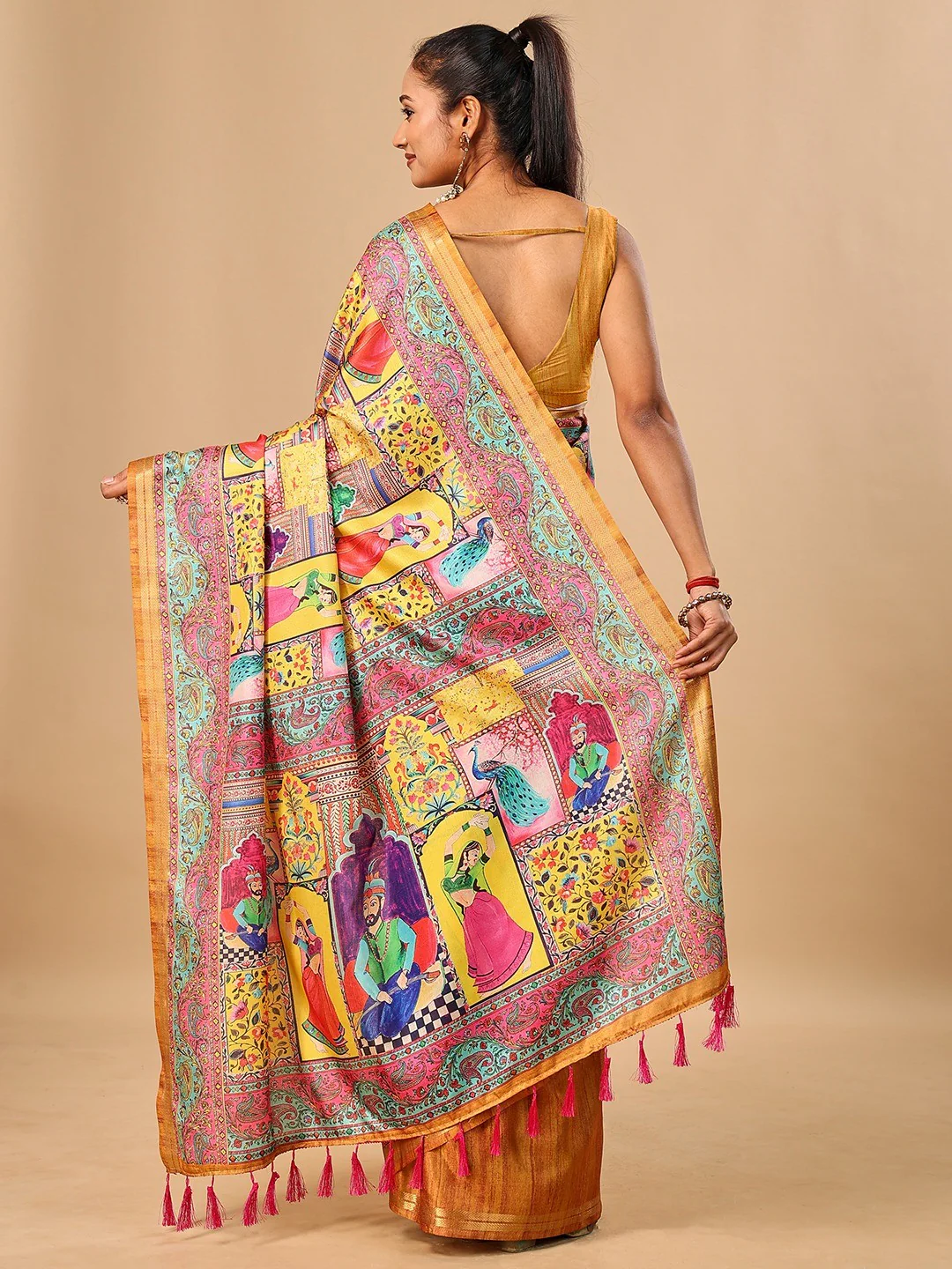 Premium Yellow Floral & Paisley Digital Printed Tussar Silk Saree With Zari Weaving Border - Image 3