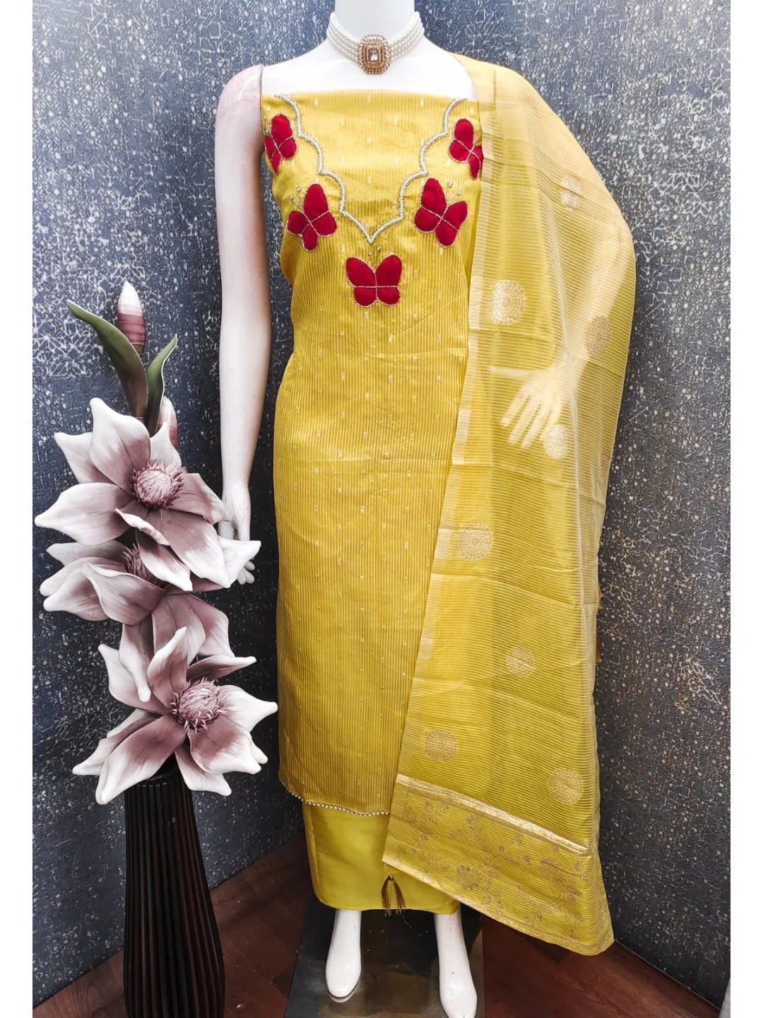 Premium Yellow Striped Weaving Silk Blend Dress Material Enhanced with Beads & Moti Hand Work - Image 6