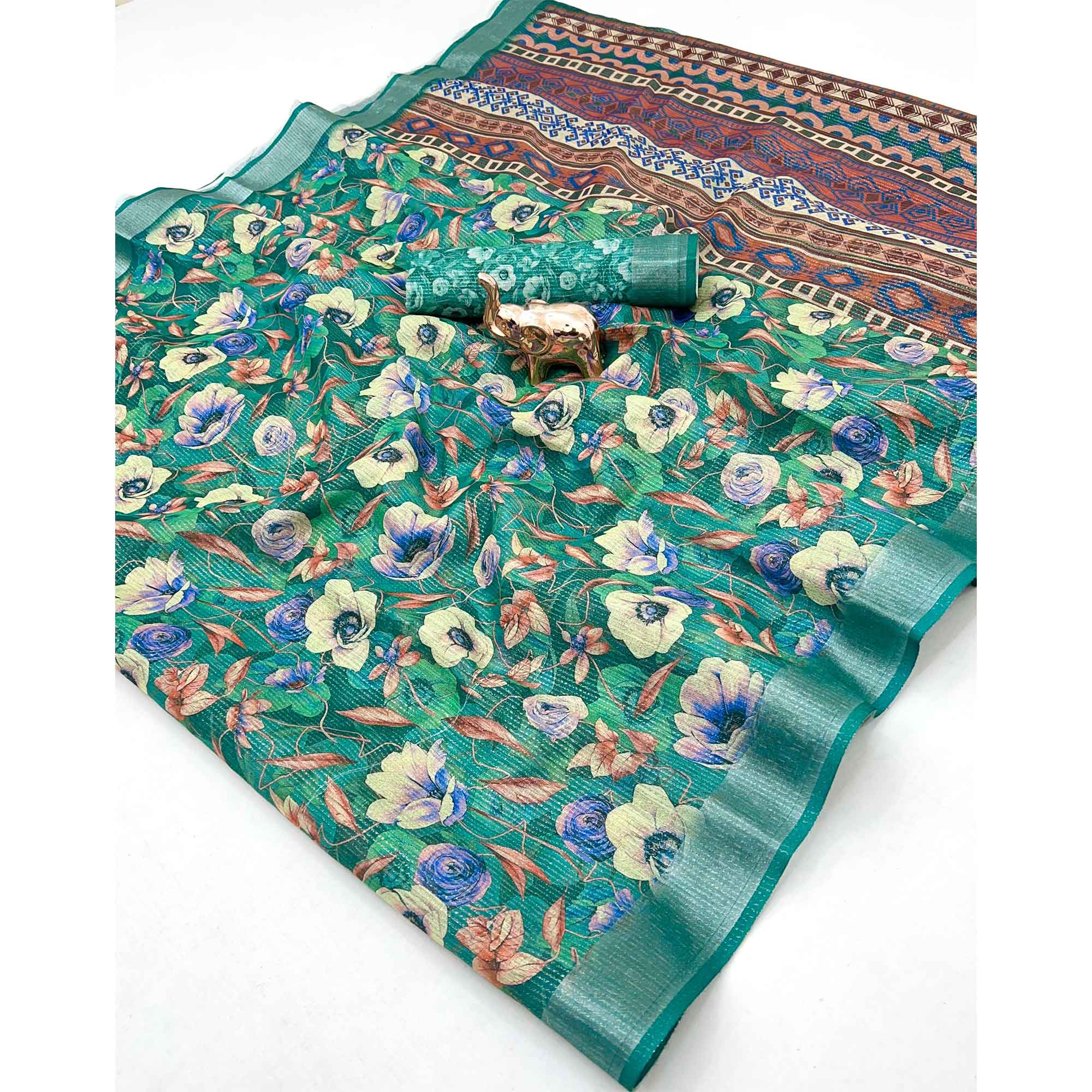Pretty Green Shimmer Cotton Saree With Floral Digital Print & Designer Zari Border - Image 3