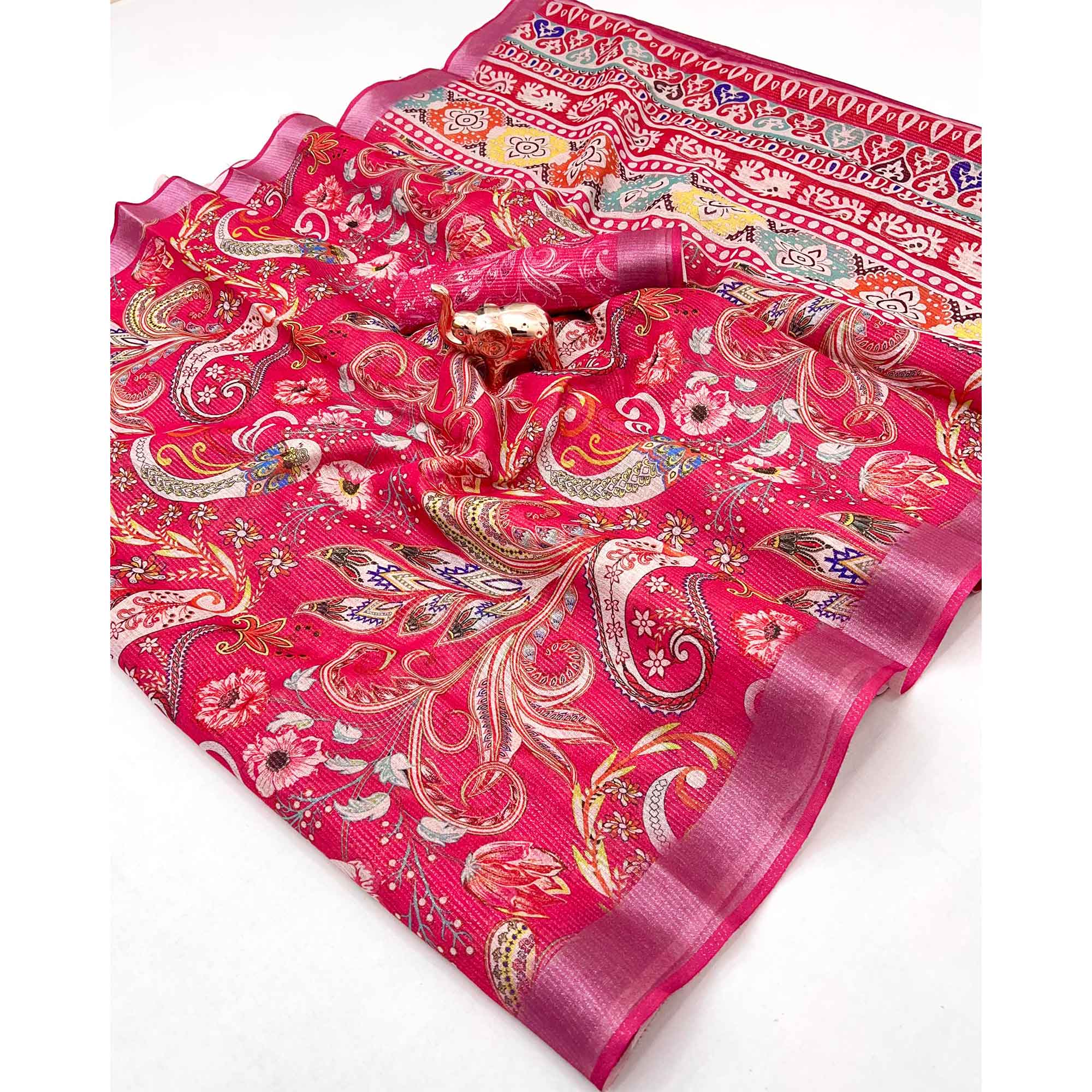 Pretty Rani Pink Shimmer Cotton Saree With Floral Digital Print & Designer Zari Border - Image 3