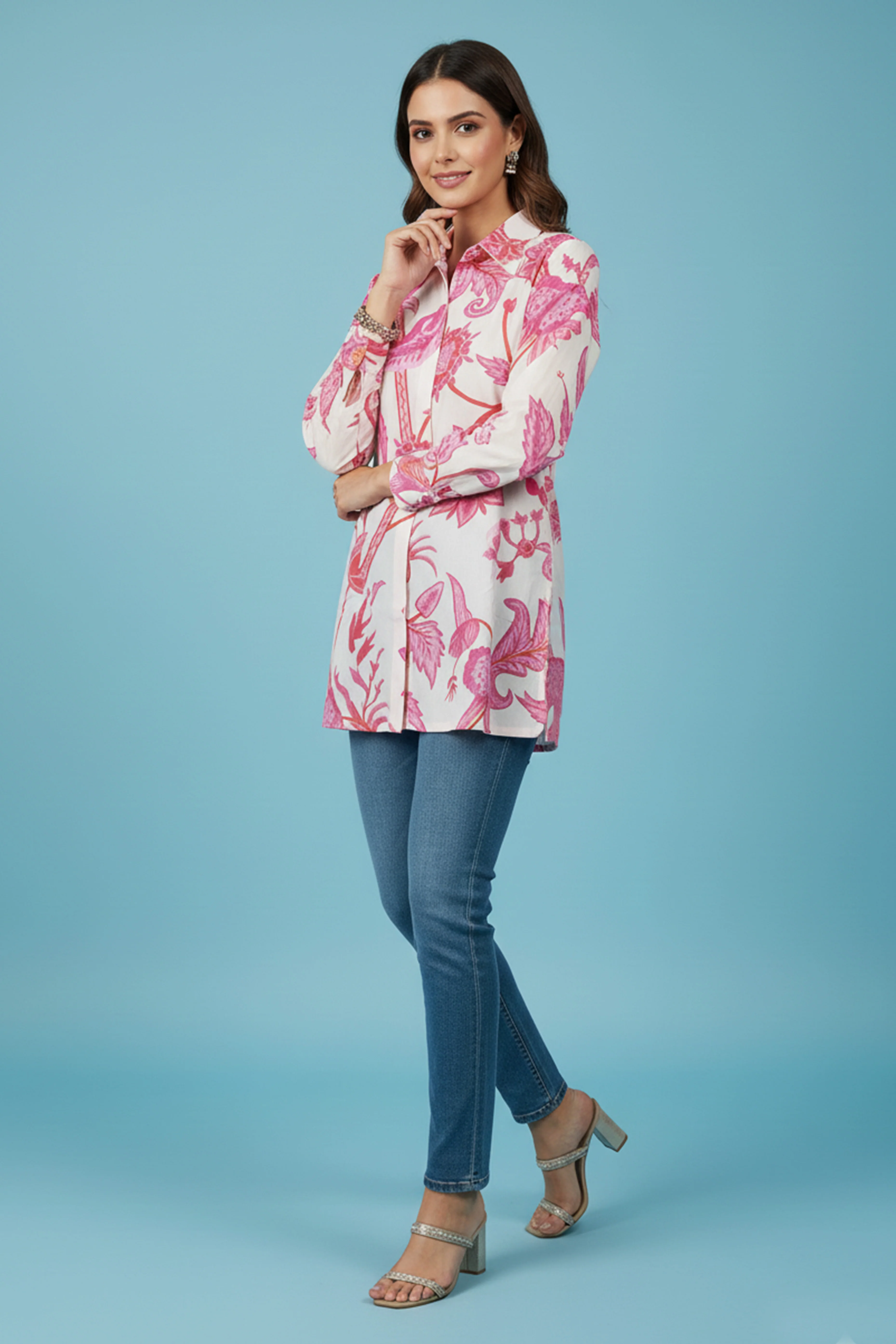 Professional Pink Muslin Shirt Top with Subtle Floral Prints for Everyday Office - Image 4