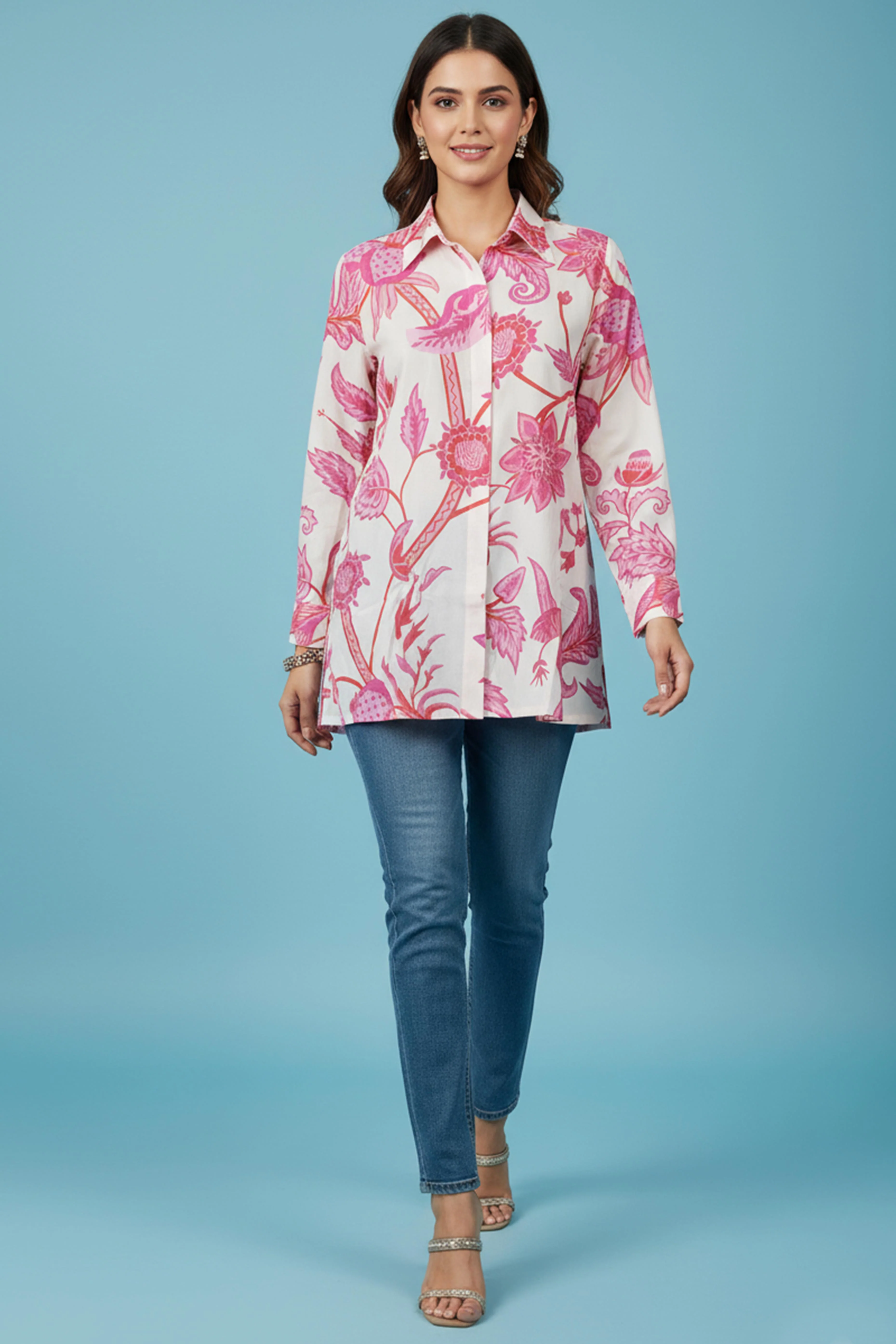 Professional Pink Muslin Shirt Top with Subtle Floral Prints for Everyday Office - Image 5
