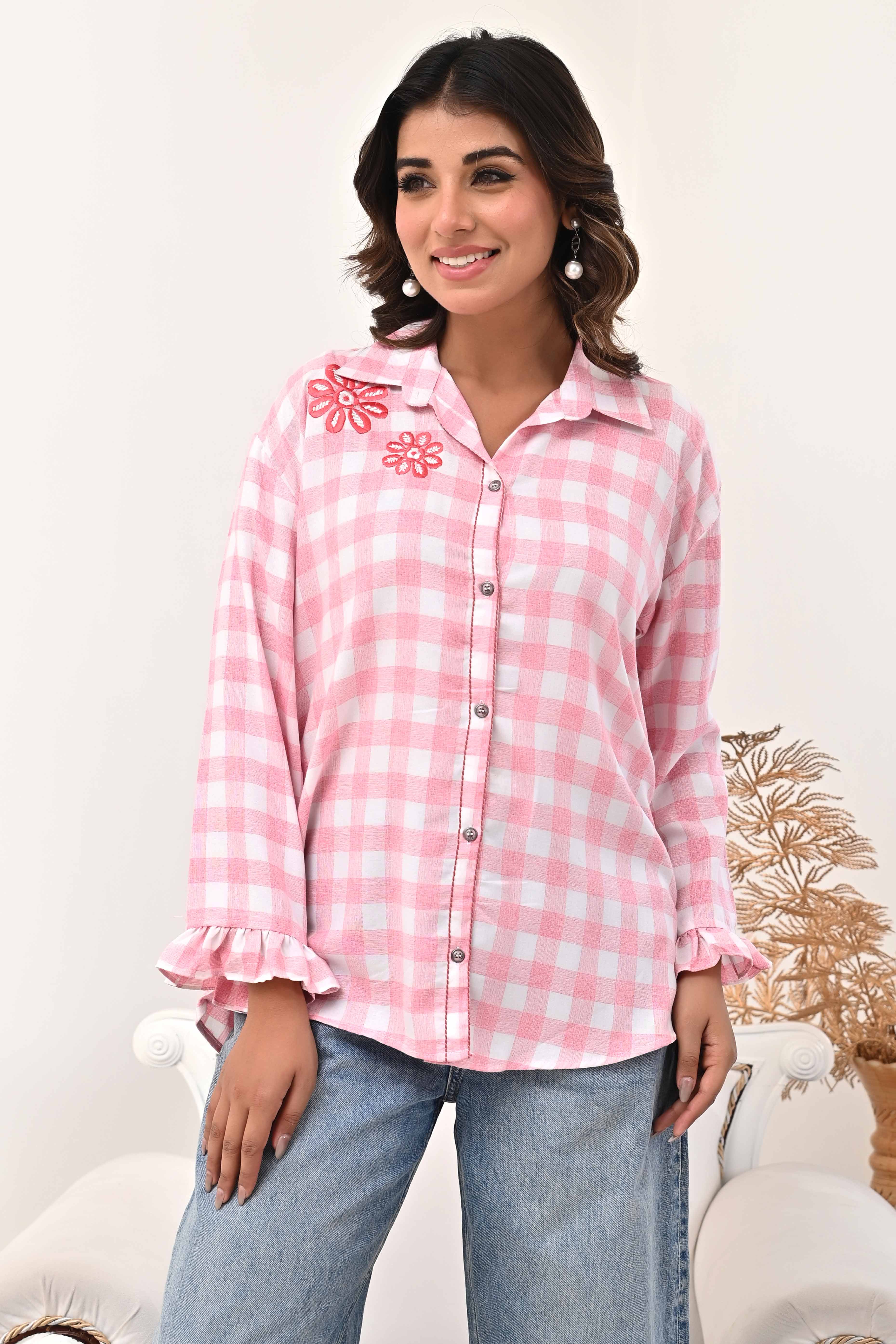 Pure Cotton Peach Top with All-Over Checks and Detailed Floral Embroidery - Image 4