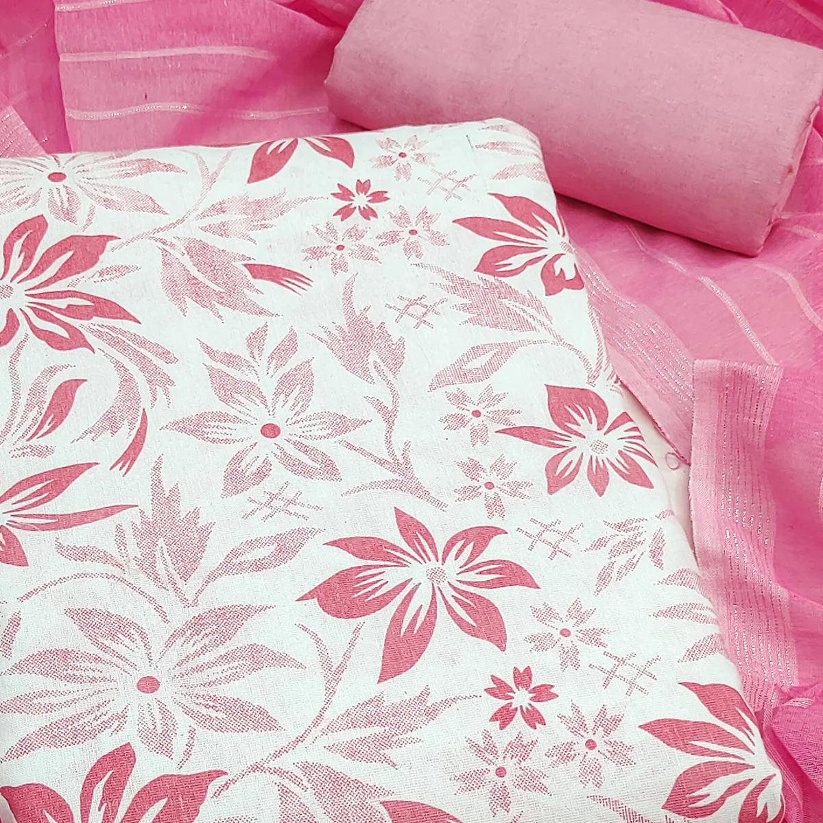 Pure Cotton Pink Dress Material with Delicate Floral Prints - Image 2