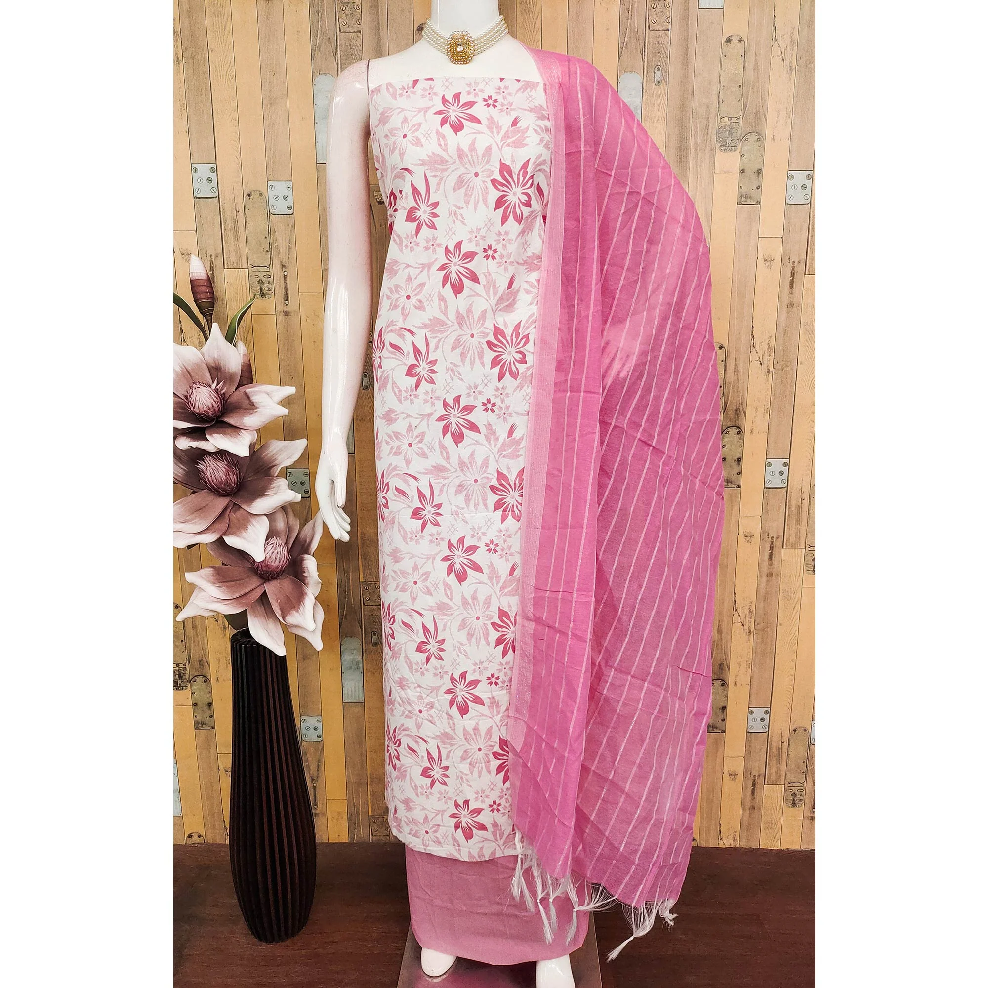 Pure Cotton Pink Dress Material with Delicate Floral Prints - Image 3