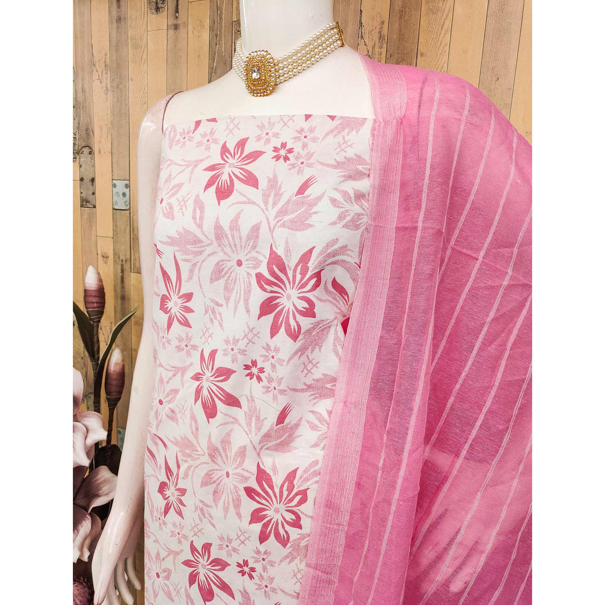 Pure Cotton Pink Dress Material with Delicate Floral Prints - Image 4