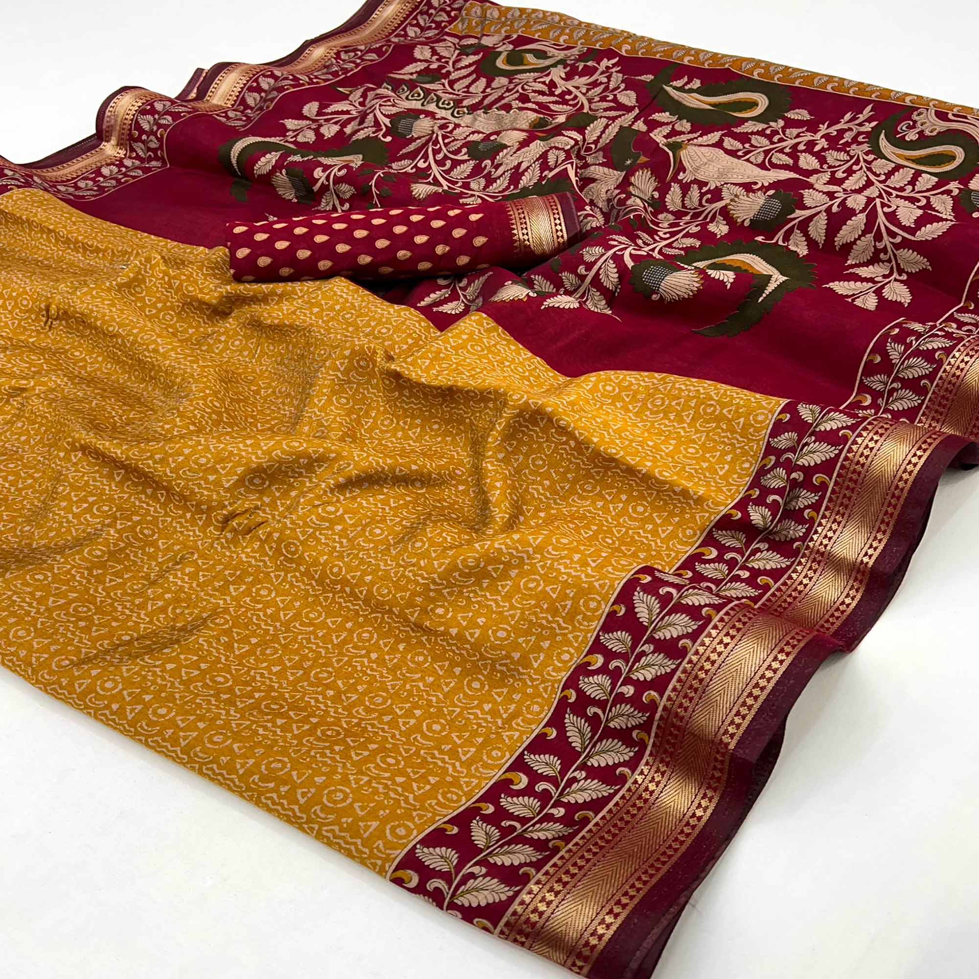 Pure Mulmul Cotton Saree in Mustard with Heritage Block Prints and Zari Detailing - Image 3