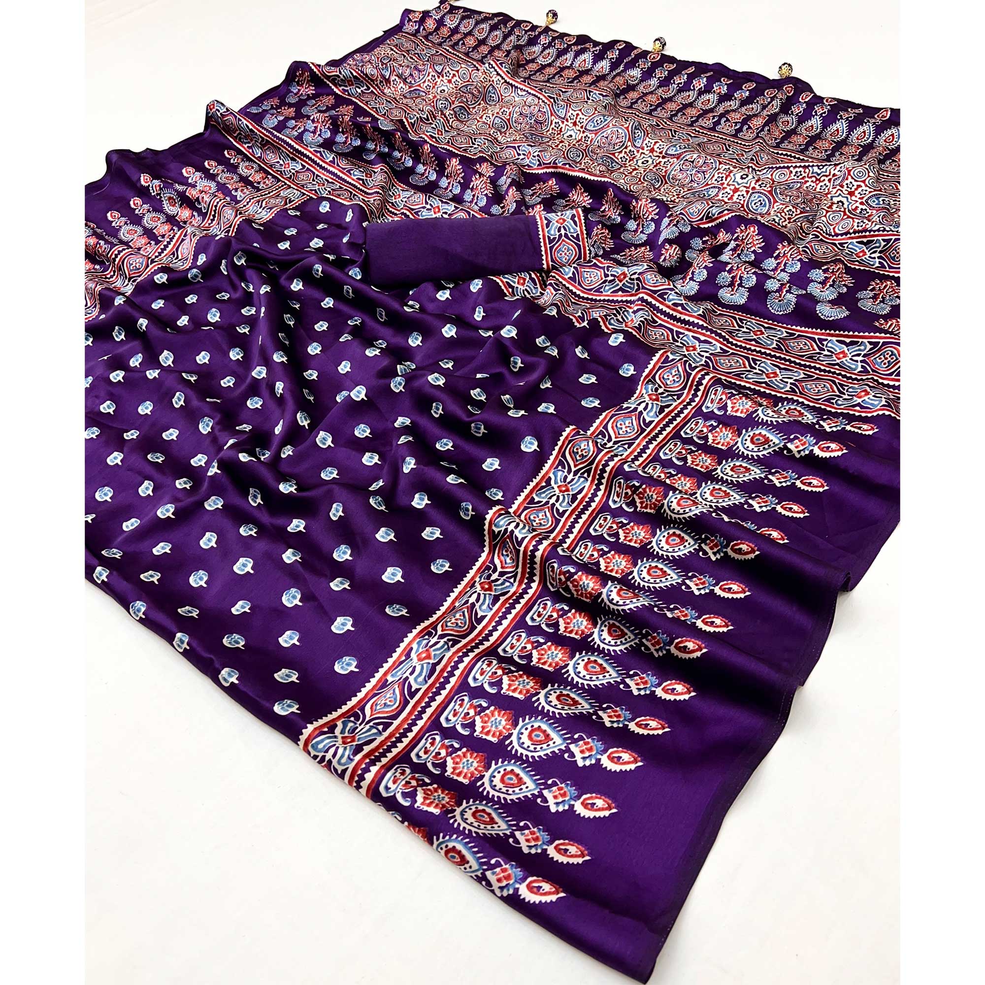 Purple Ajrakh Inspired Printed Modal Satin Saree for Party Occasions - Image 11