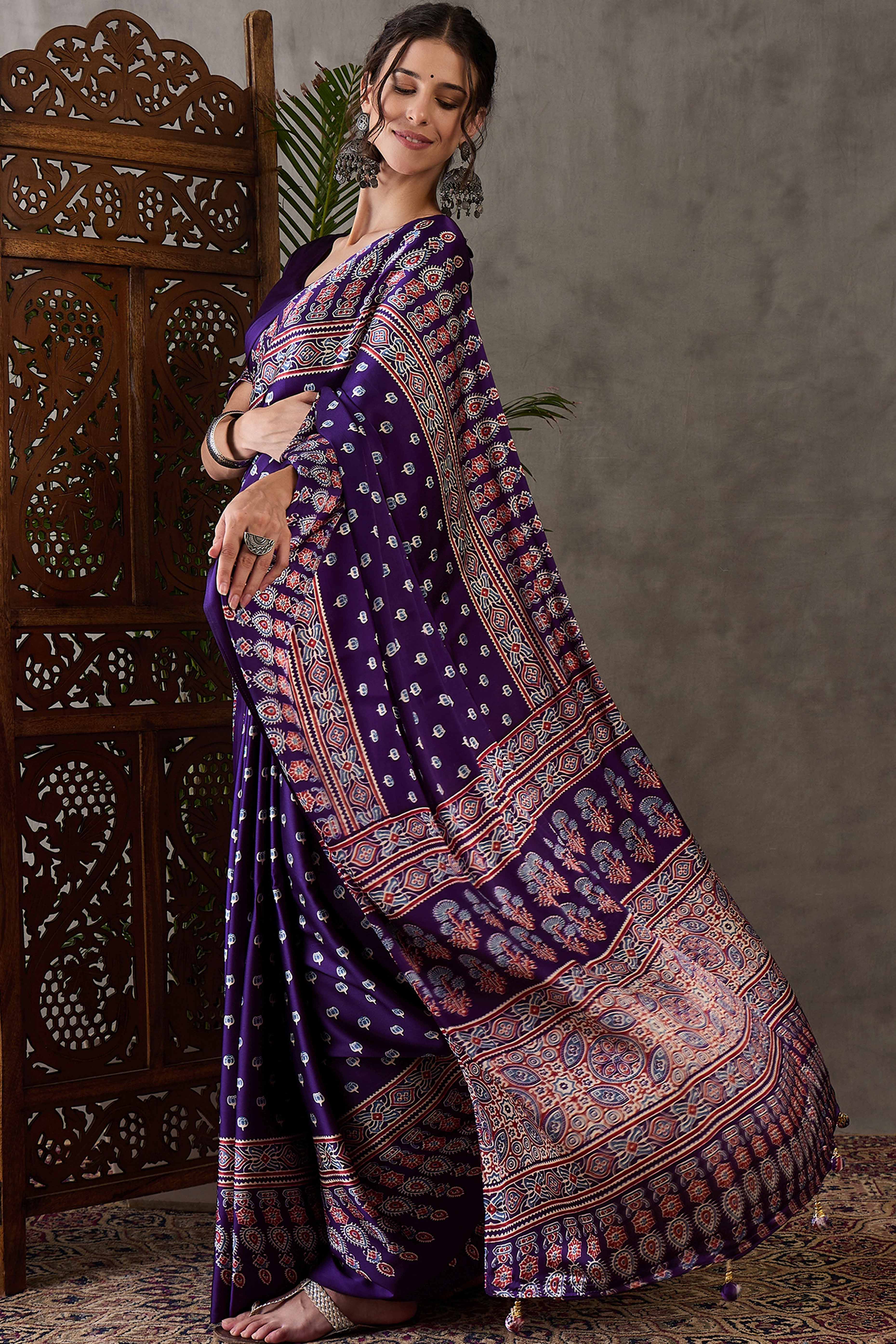 Purple Ajrakh Inspired Printed Modal Satin Saree for Party Occasions - Image 3