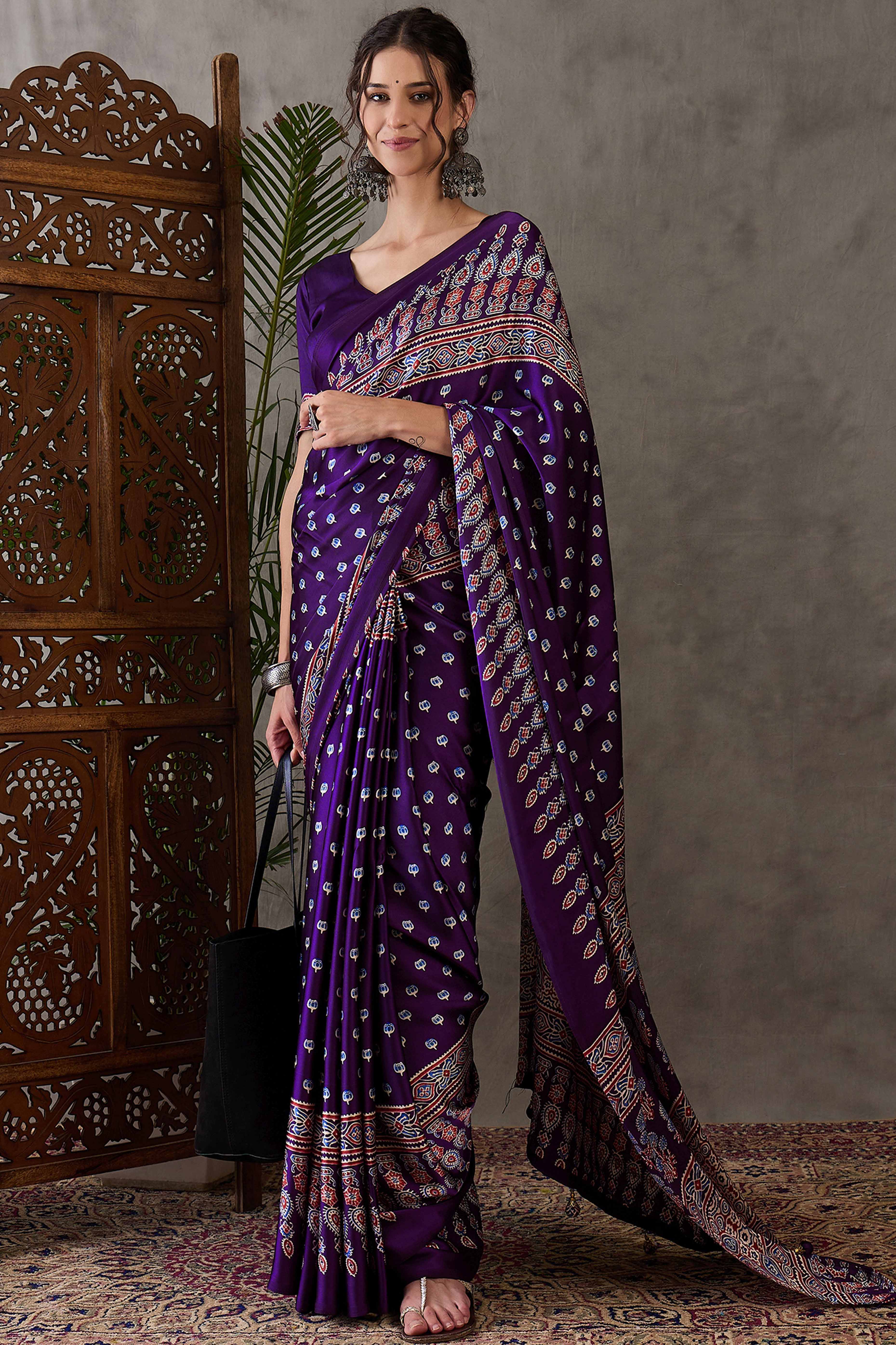 Purple Ajrakh Inspired Printed Modal Satin Saree for Party Occasions - Image 4
