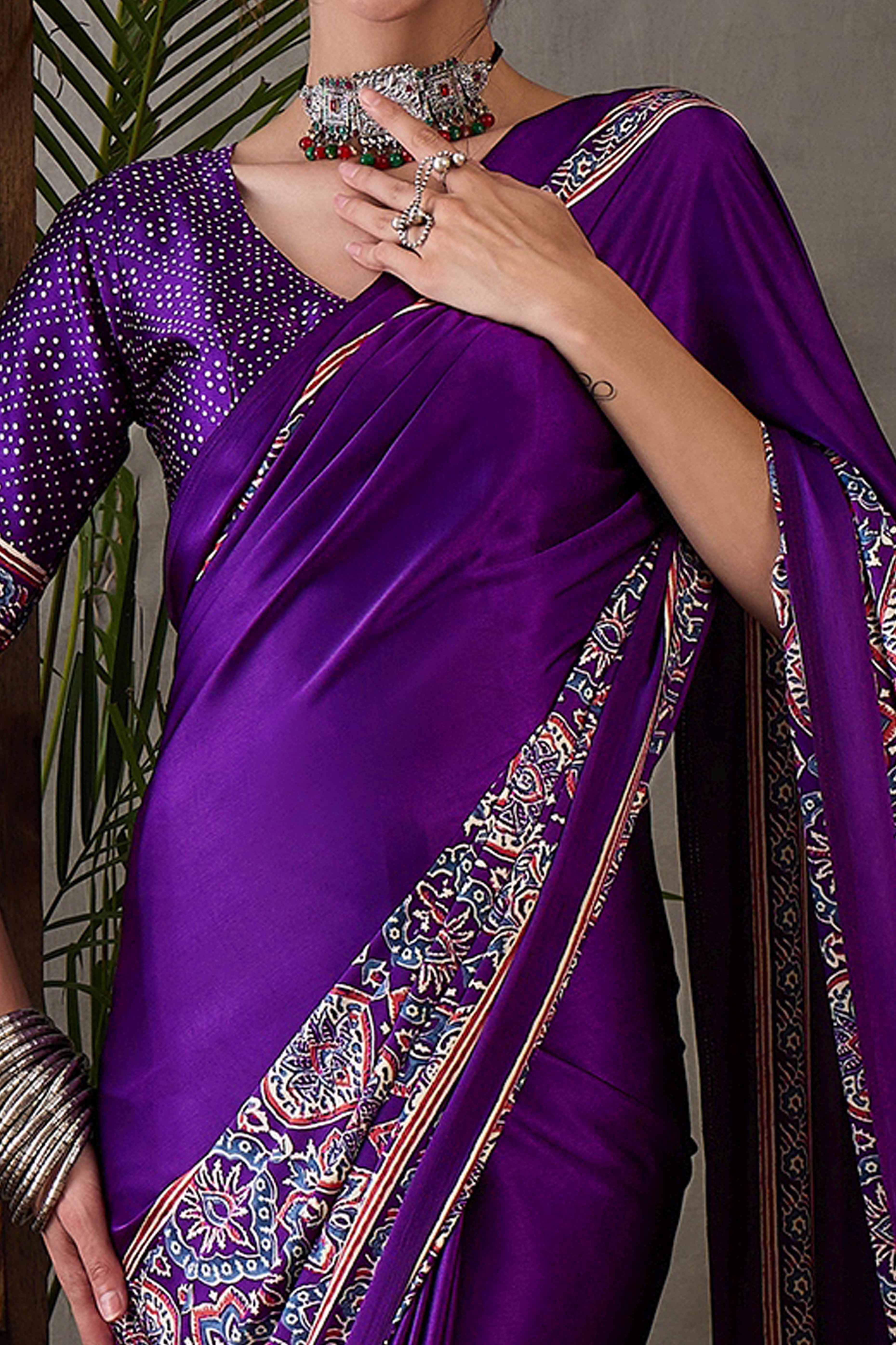 Purple Ajrakh Printed Modal Satin Saree with Rich Party Wear Look - Image 2