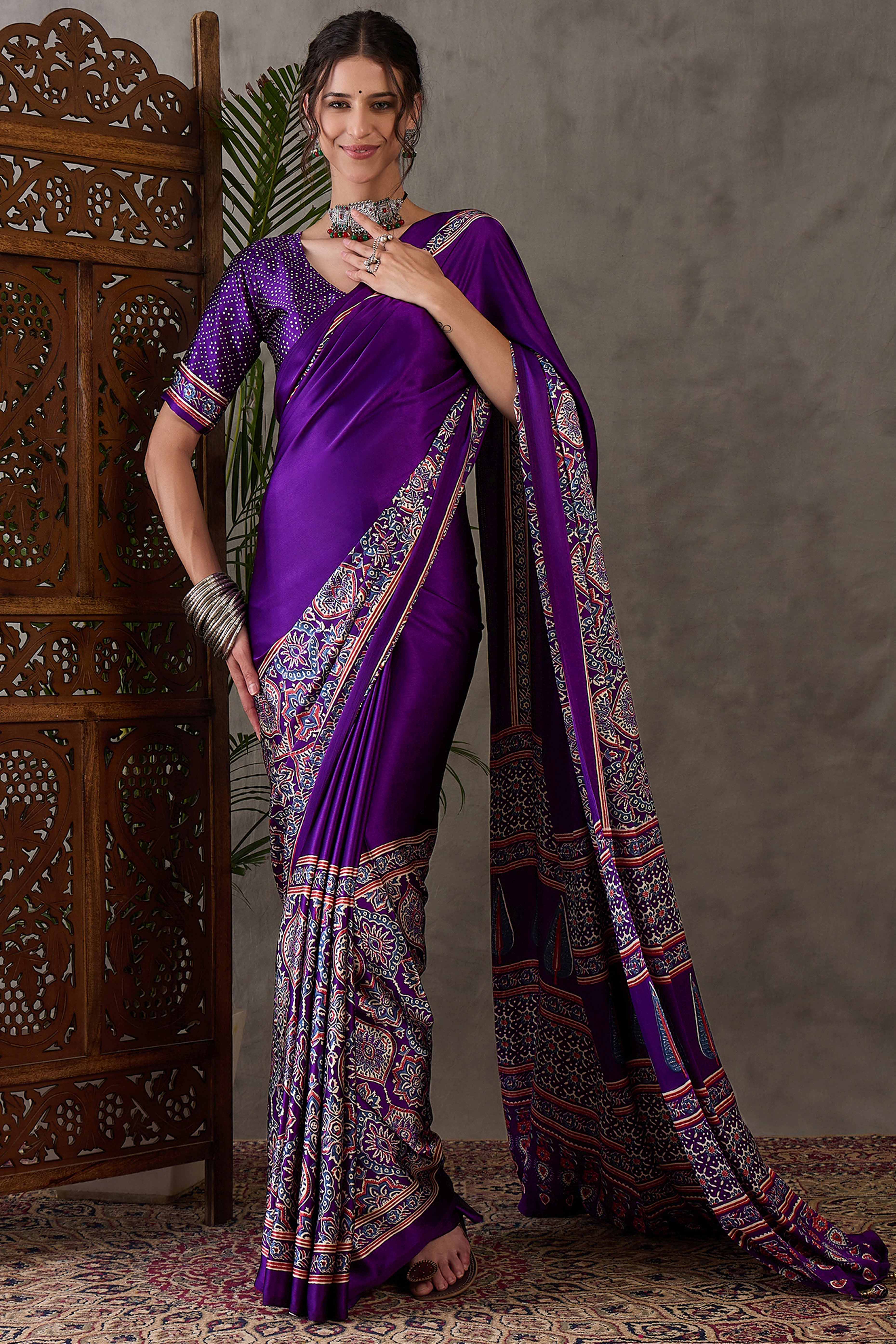 Purple Ajrakh Printed Modal Satin Saree with Rich Party Wear Look - Image 3