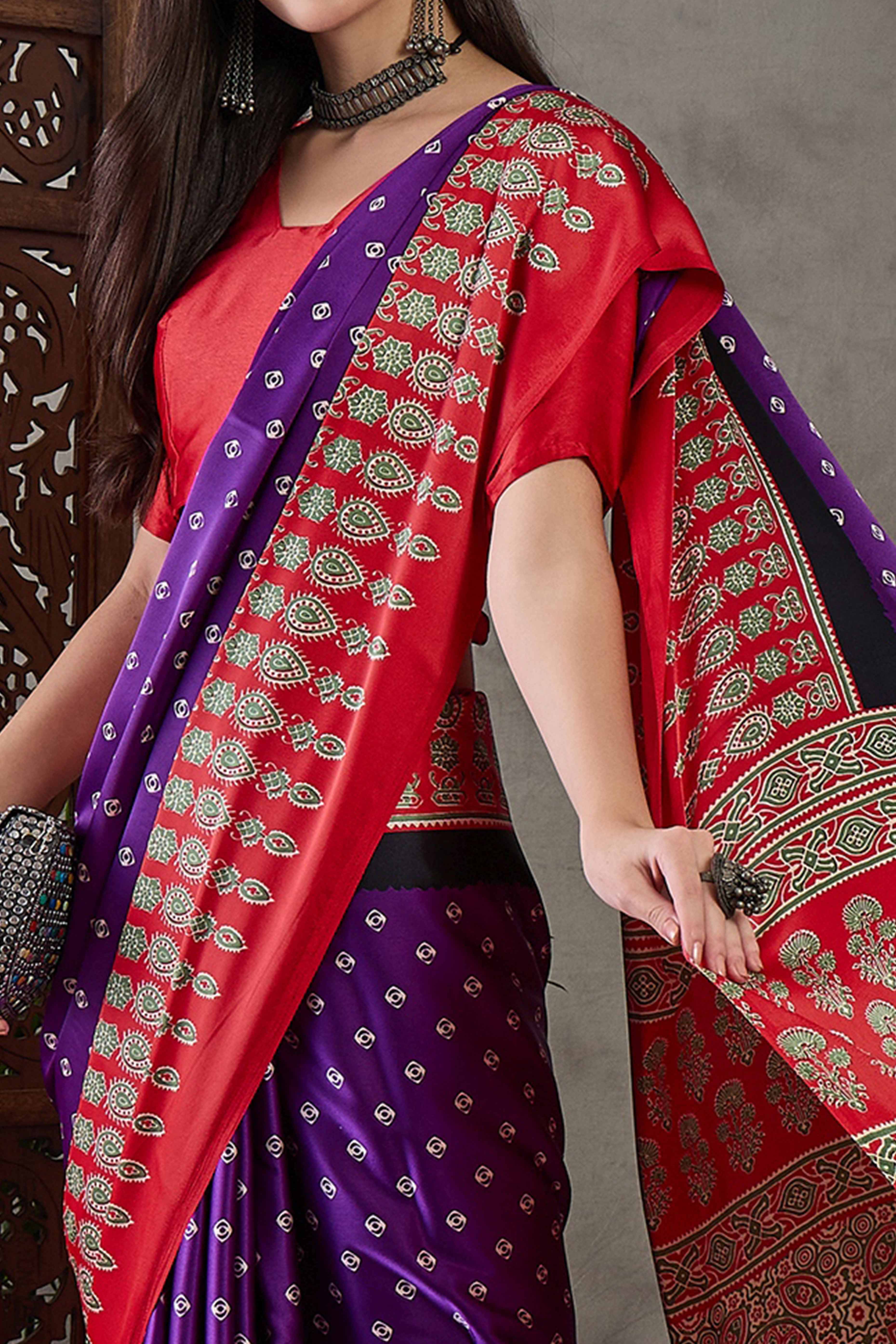 Purple Ajrakh Printed Modal Satin Saree with Traditional Ajrakh Charm - Image 2