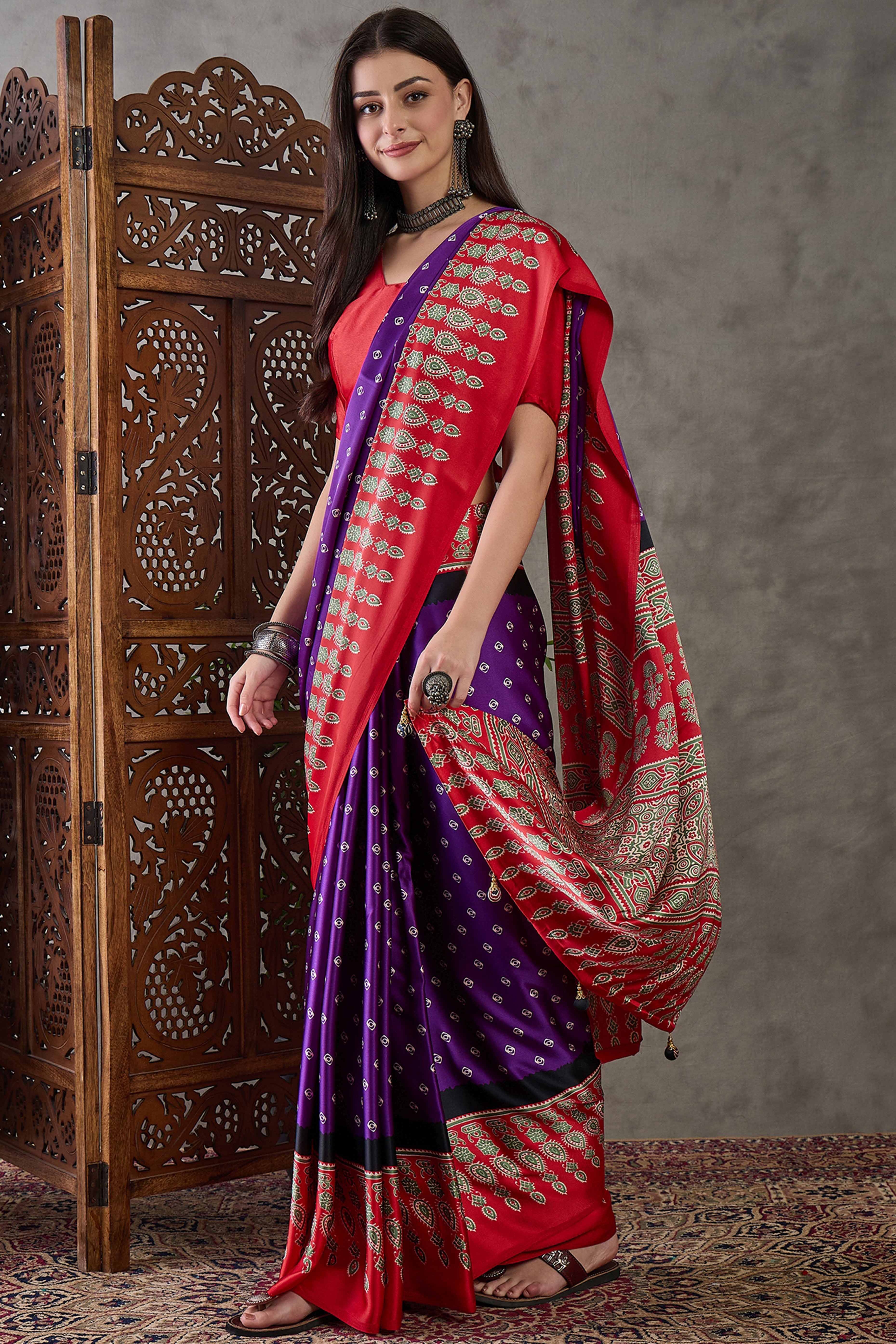 Purple Ajrakh Printed Modal Satin Saree with Traditional Ajrakh Charm - Image 4