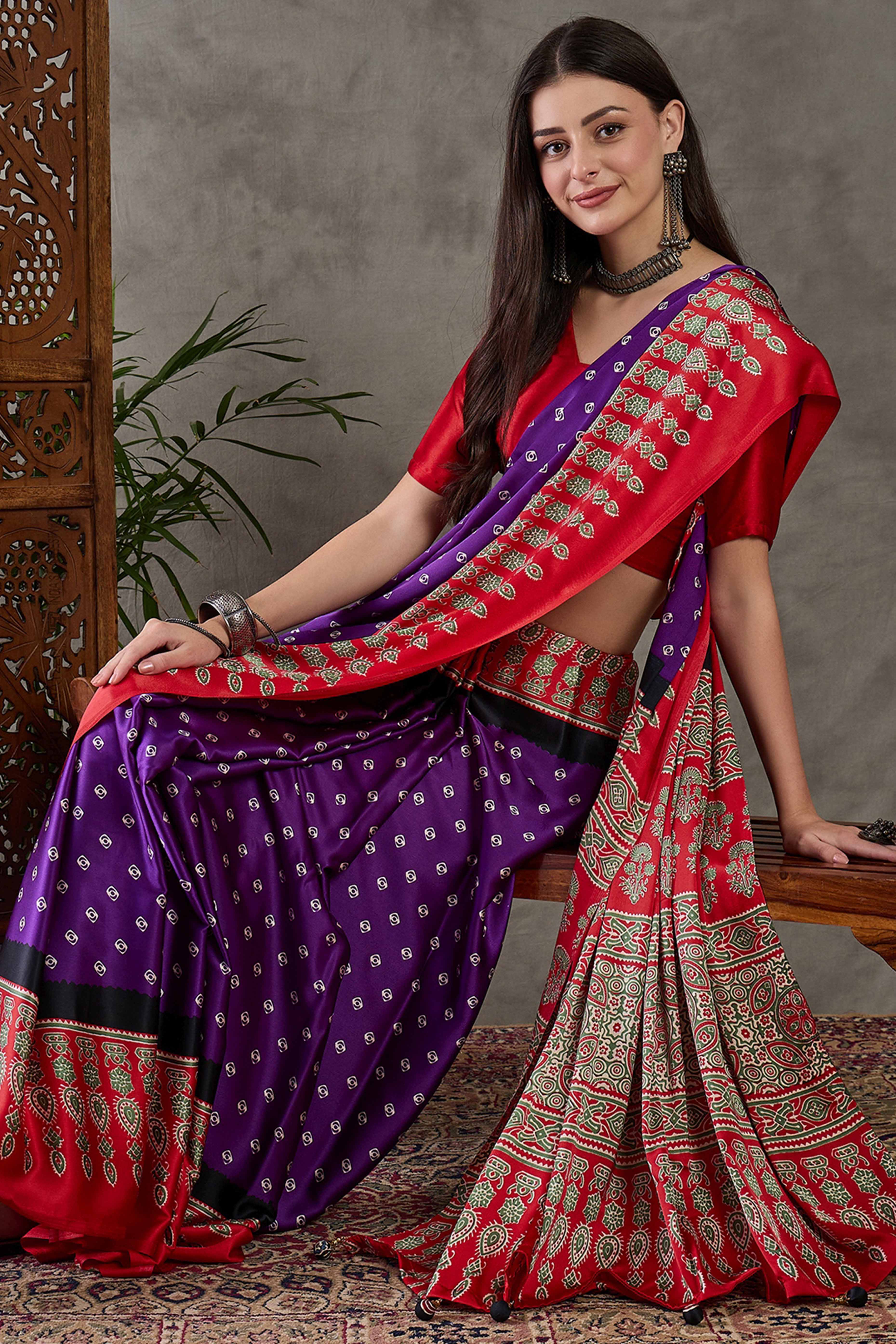 Purple Ajrakh Printed Modal Satin Saree with Traditional Ajrakh Charm - Image 6